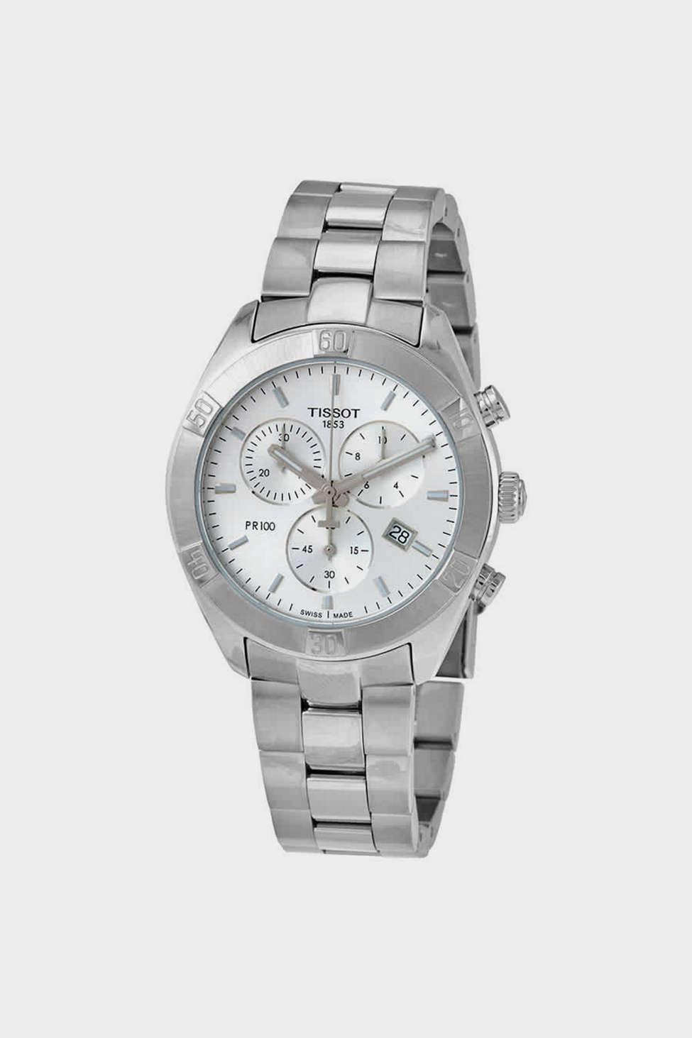 Tissot pr 100 chronograph silver clearance dial mesh bracelet men's watch
