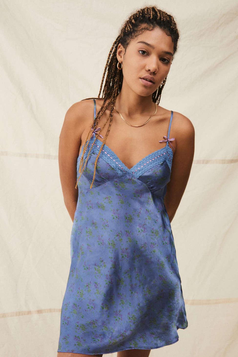Urban Outfitters Uo Nellie Satin Floral Print Slip Dress in Blue | Lyst