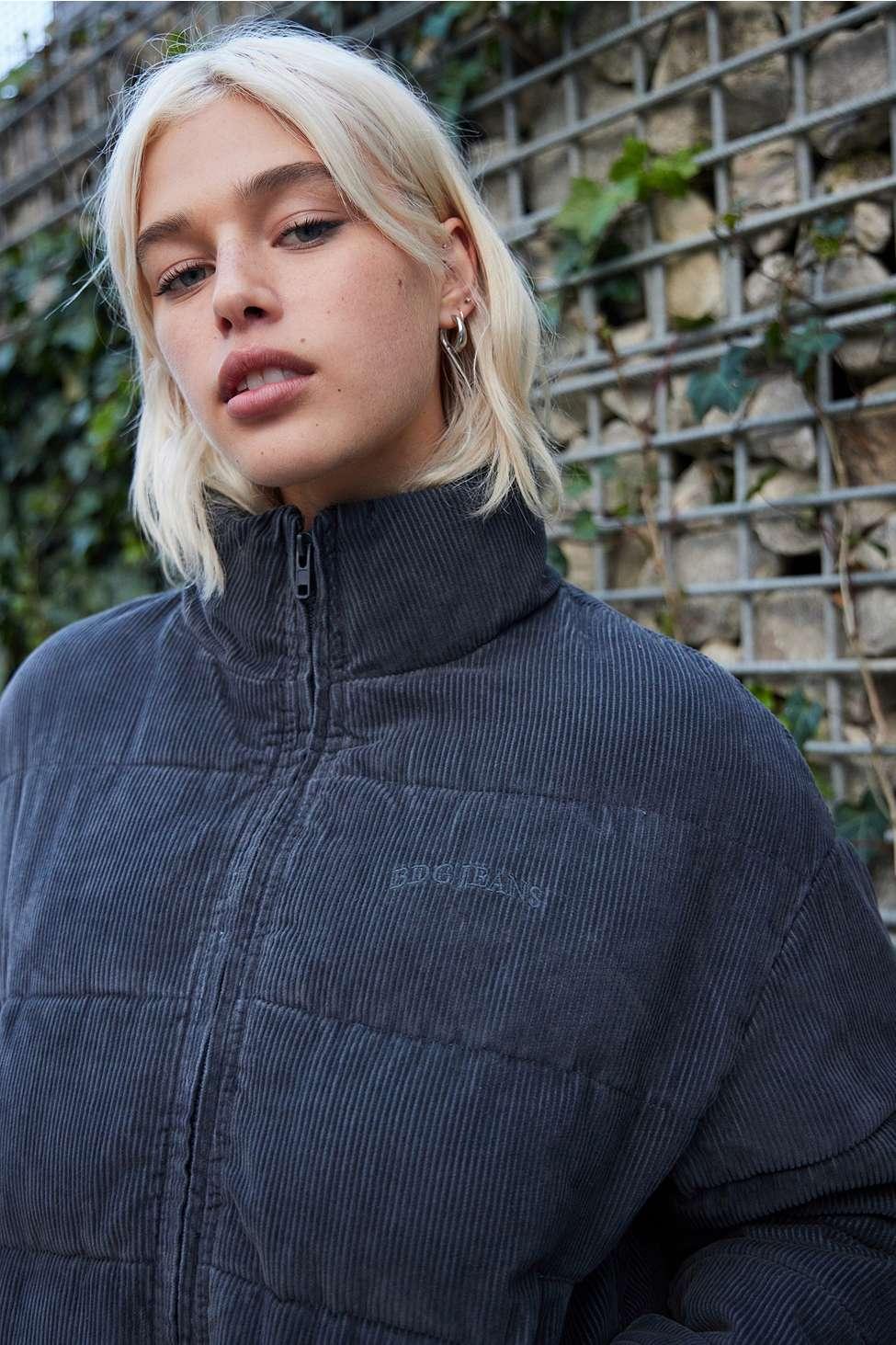 Blue corduroy puffer clearance jacket