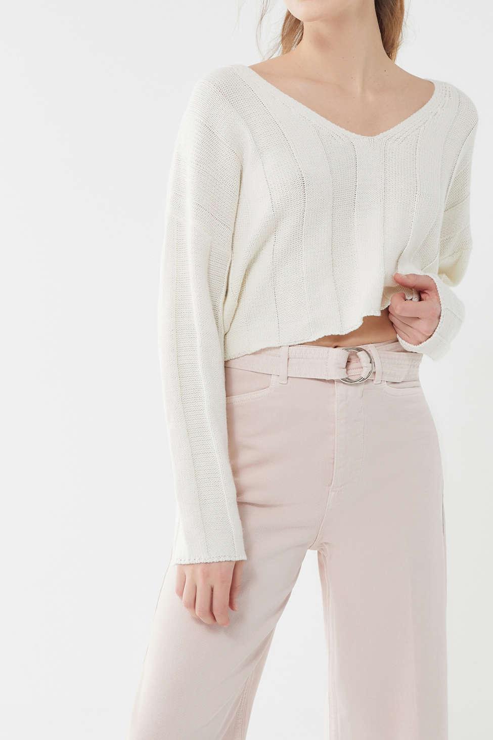 white cropped v neck sweater