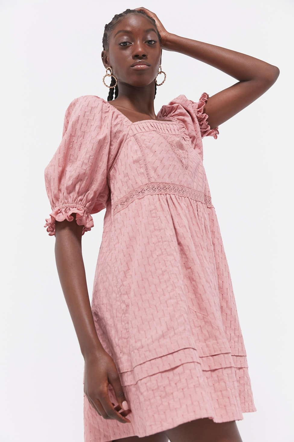 Urban Outfitters Uo Embroidered Puff Sleeve Babydoll Dress in Pink
