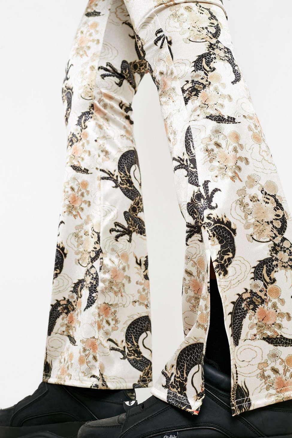 Uo Dragon Print Cream Satin Flare Pant 