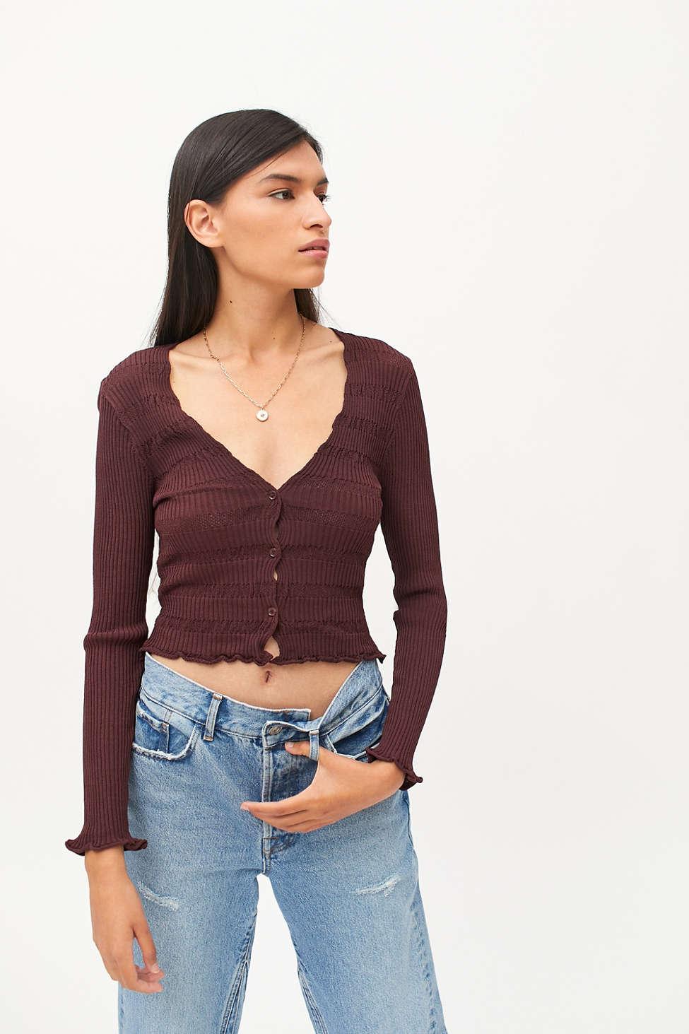 Urban Outfitters Uo Belle Ribbed Cardigan in Brown | Lyst