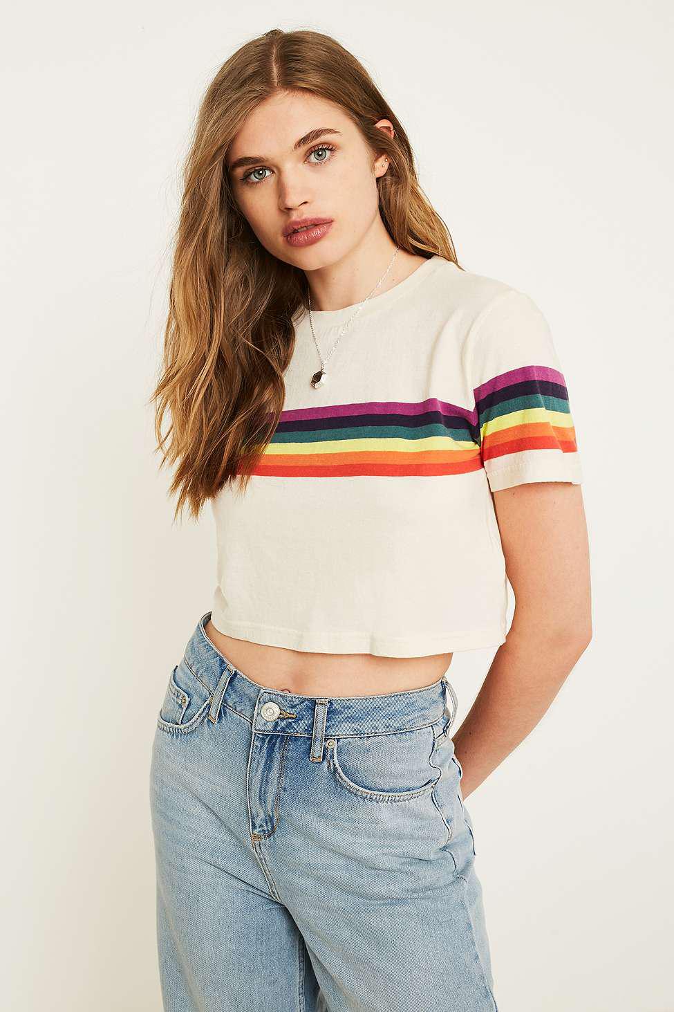 Urban Outfitters Cotton Uo Rainbow Stripe Short-sleeve Crop T-shirt in ...