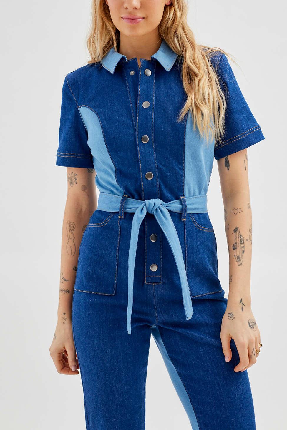 Urban Outfitters Uo Isa Denim Colorblock Jumpsuit in Blue | Lyst