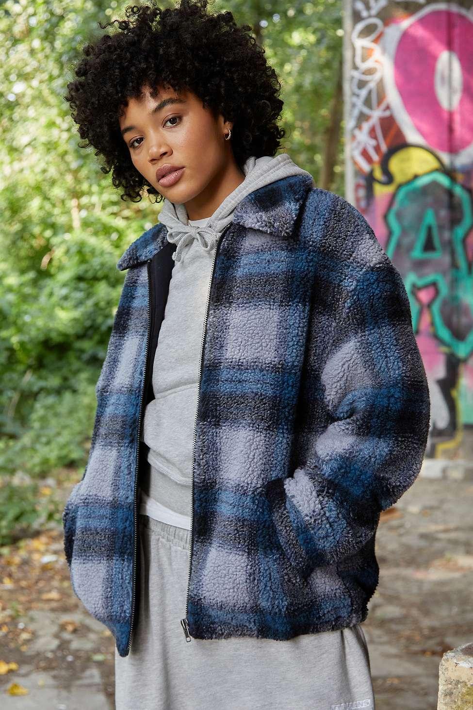 BDG Check Fleece Jacket in Blue | Lyst UK