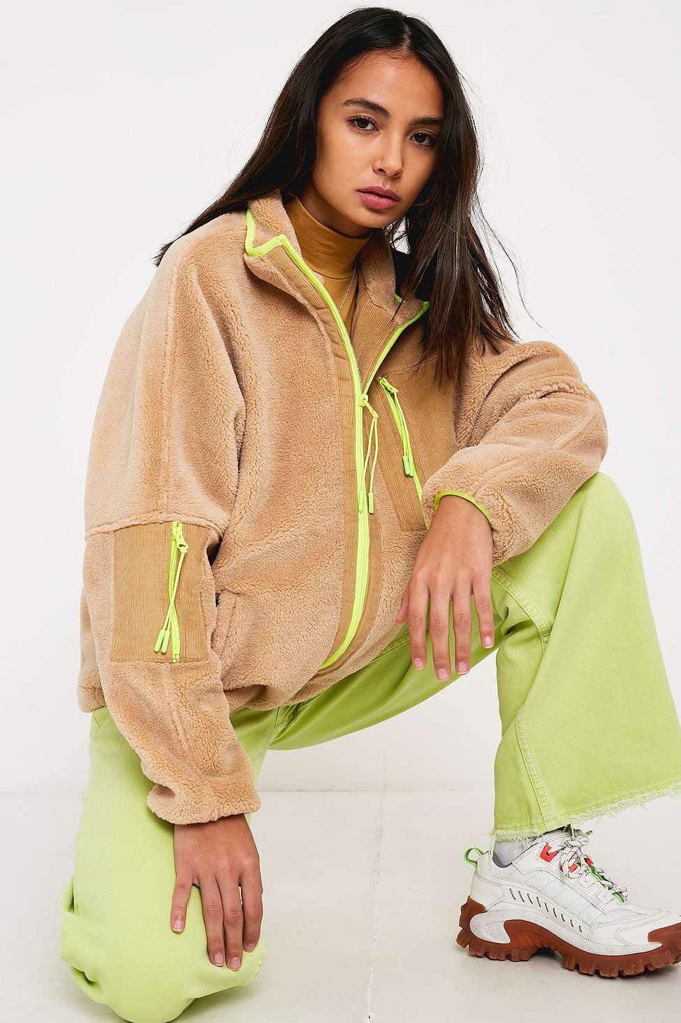 Urban Outfitters Synthetic Uo Camel Fluorescent Zip Through Teddy Jacket In Beige Natural Lyst