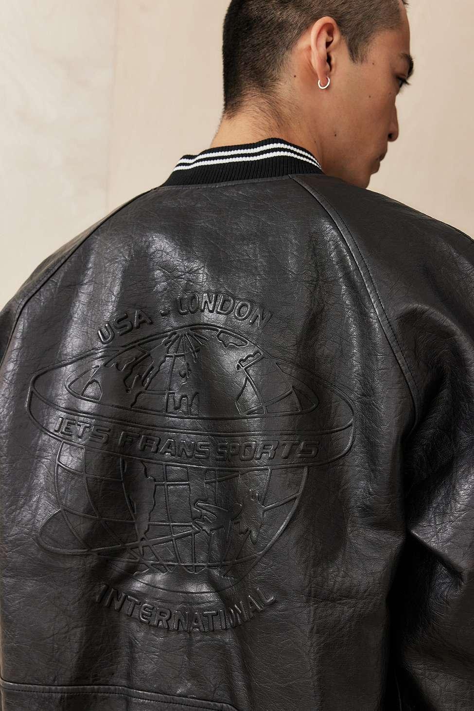 iets Faux Leather Sports Varsity Bomber Jacket in Black
