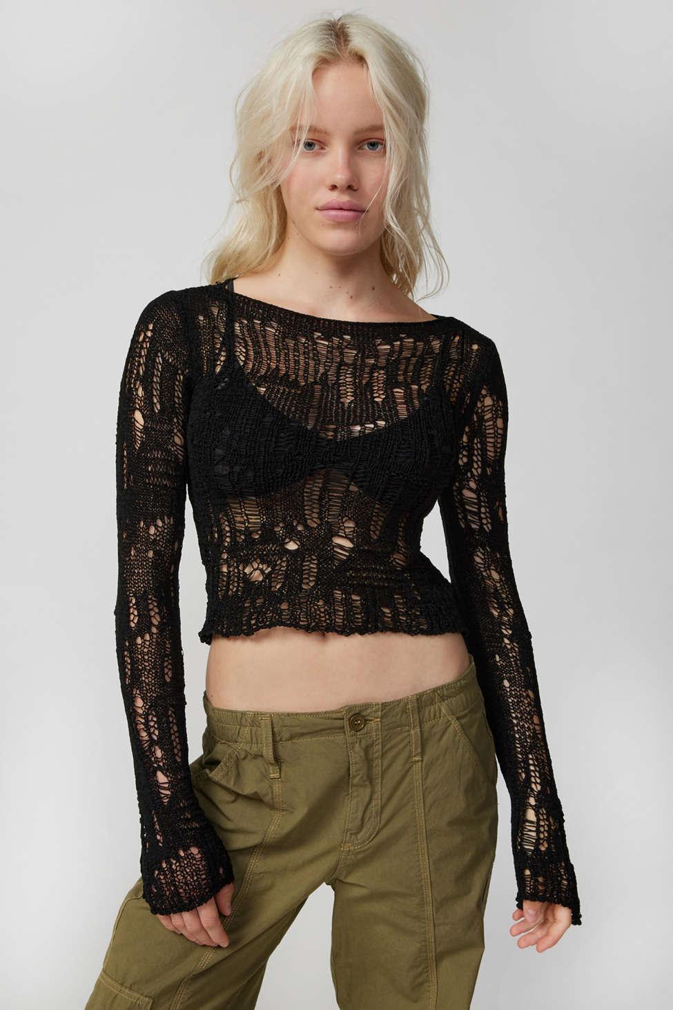 Urban Outfitters Uo Carla Semi-sheer Distressed Sweater in Black | Lyst