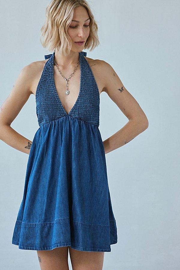 bdg iris smocked plunging v-neckline halter mini dress BDG Iris Smocked Plunging V-Neckline Halter Mini Dress in Blue