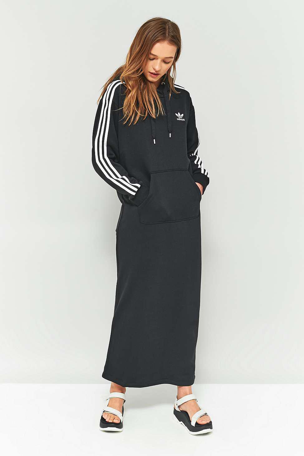adidas Originals Cotton 3-stripe Hoodie Maxi Dress in Black - Lyst