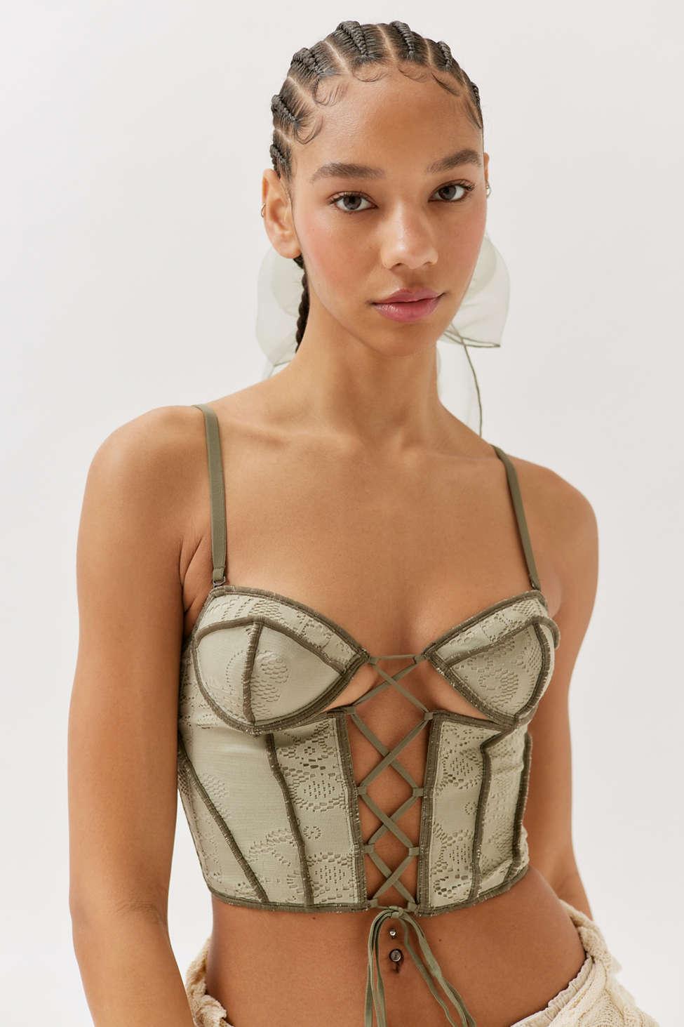 Out From Under Amour Lace Lace-up Corset In Olive At Urban Outfitters in  Brown