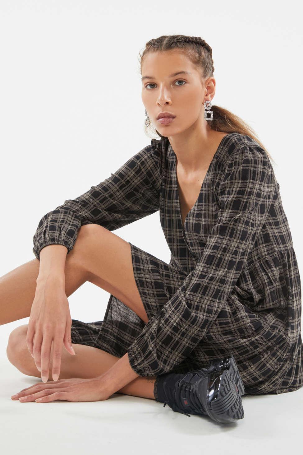 Urban Outfitters Uo Plaid Long Sleeve Babydoll Dress in Black | Lyst