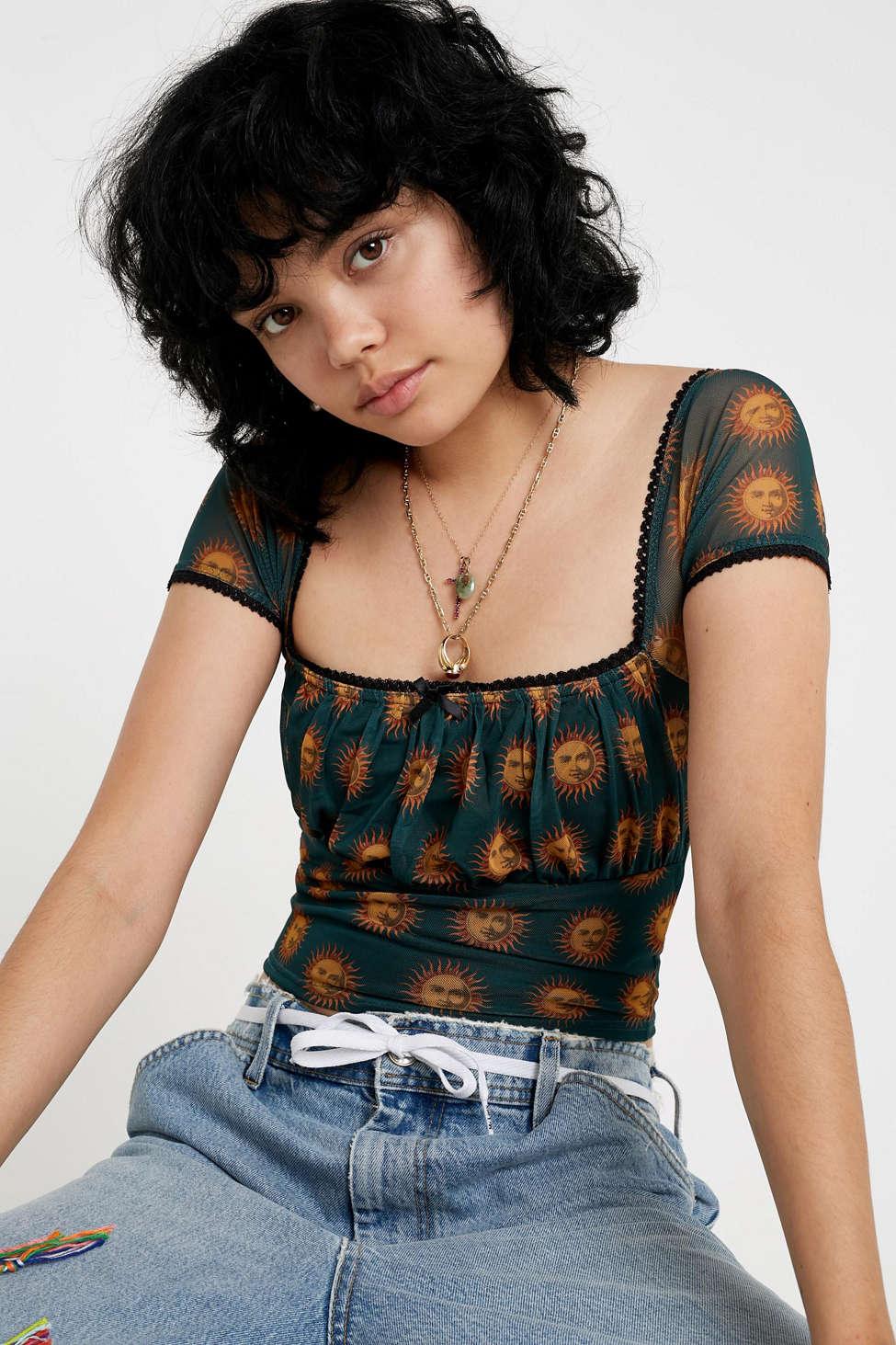 Urban Outfitters Uo Celestial Mesh Square Neck Top in Black | Lyst