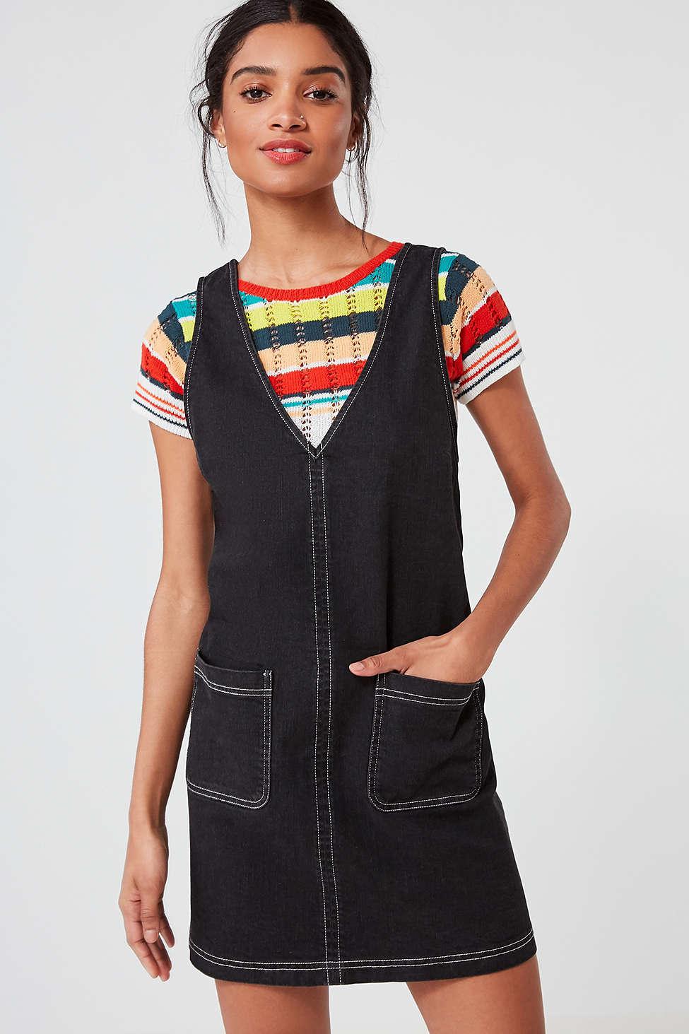 Urban Outfitters Uo Contrast Stitch Denim Mini Dress in Black | Lyst