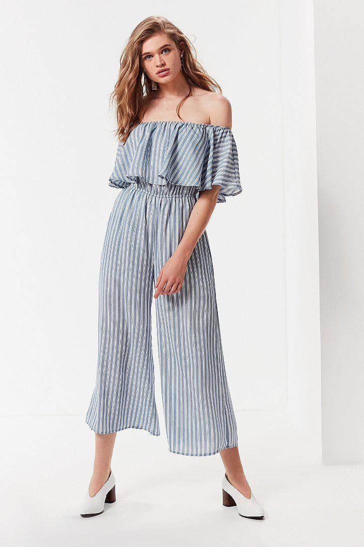 blue and white striped jumpsuit off the shoulder