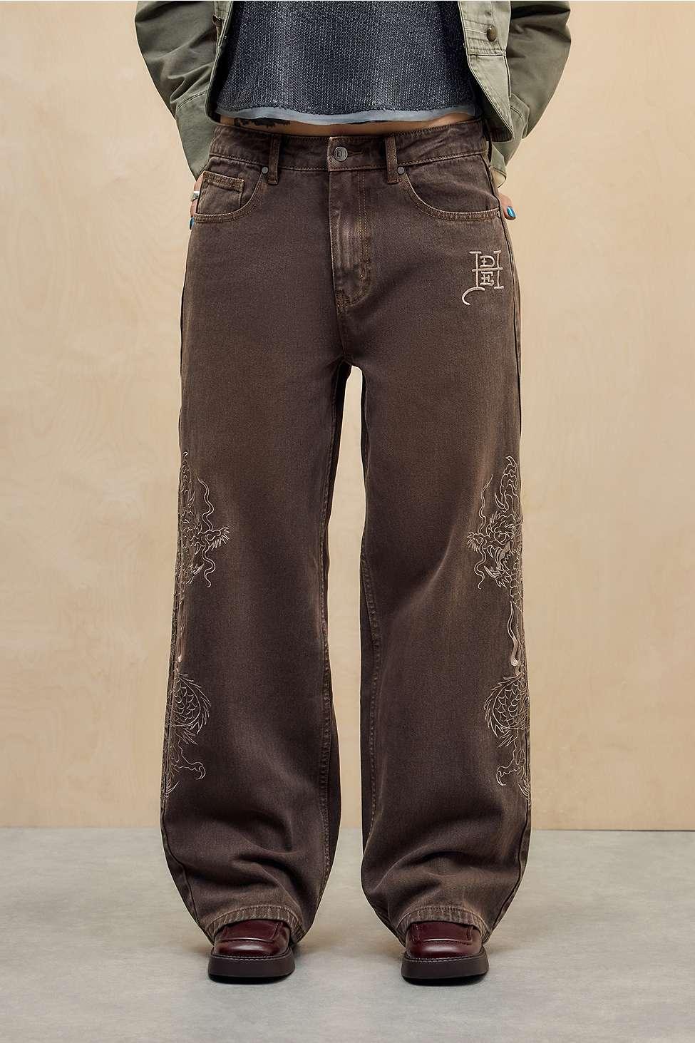 Ed Hardy Uo Exclusive Embroidered Dragon Jeans in Brown