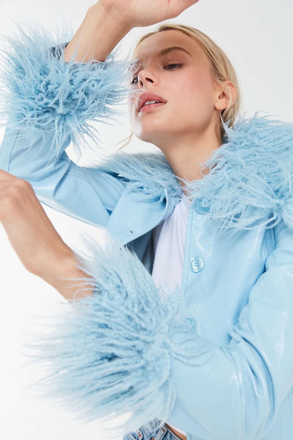 Urban Outfitters Uo Mia Pleather Faux Fur Trim Jacket in Blue | Lyst