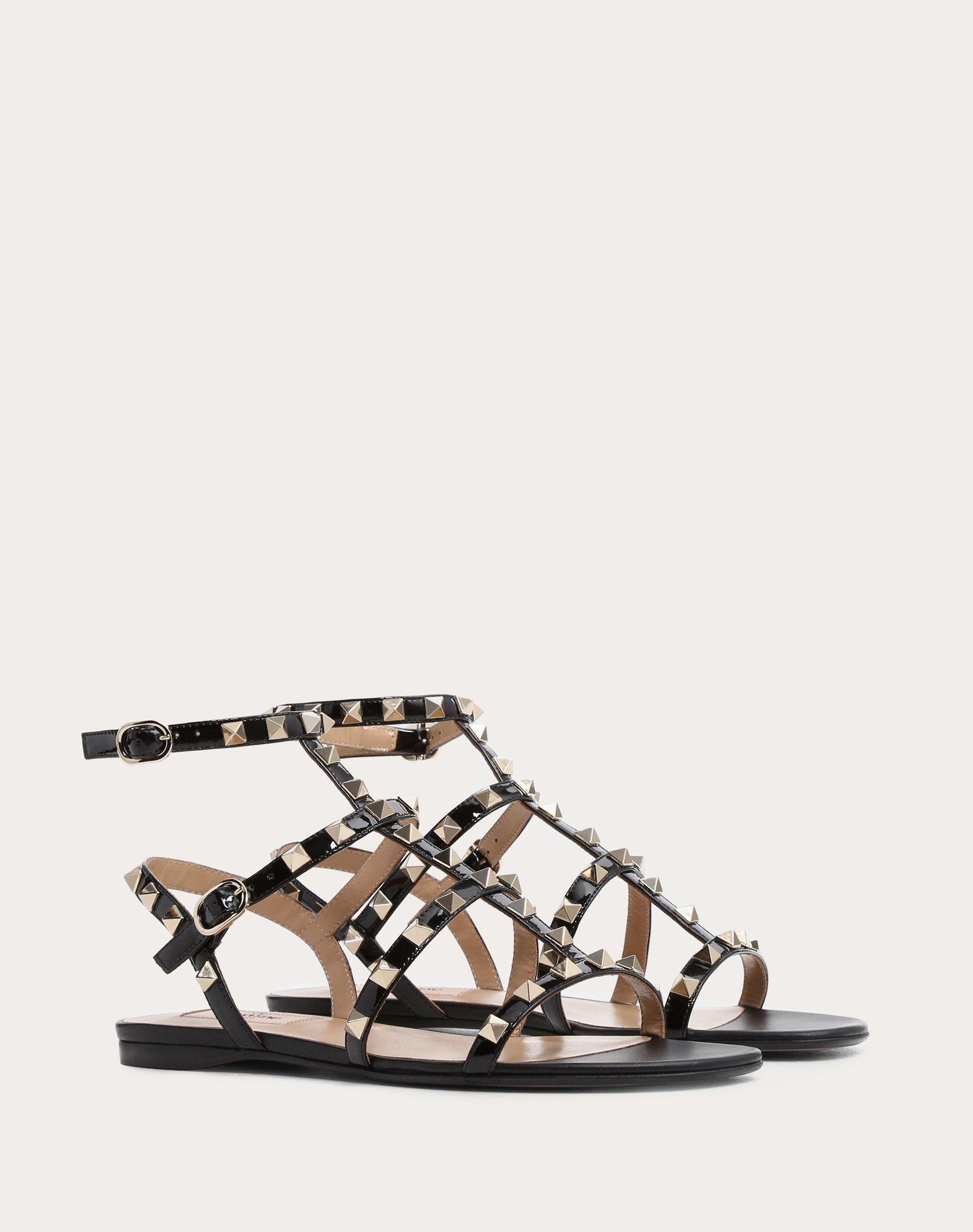 Valentino Leather Patent Cage Rockstud Flat Sandal in Black - Lyst