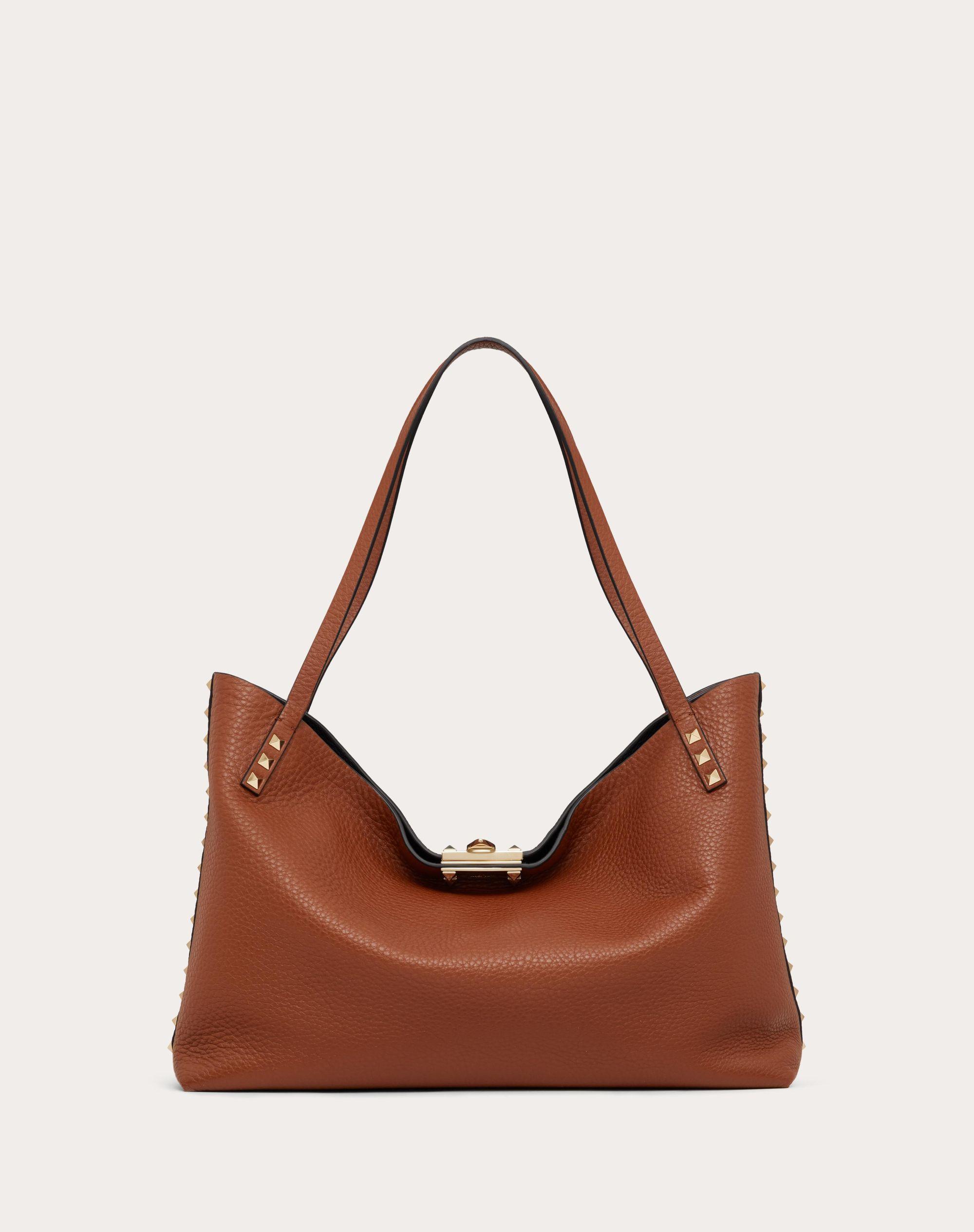 Valentino Garavani Medium Rockstud Grainy Calfskin Bag With Contrasting  Lining in Brown
