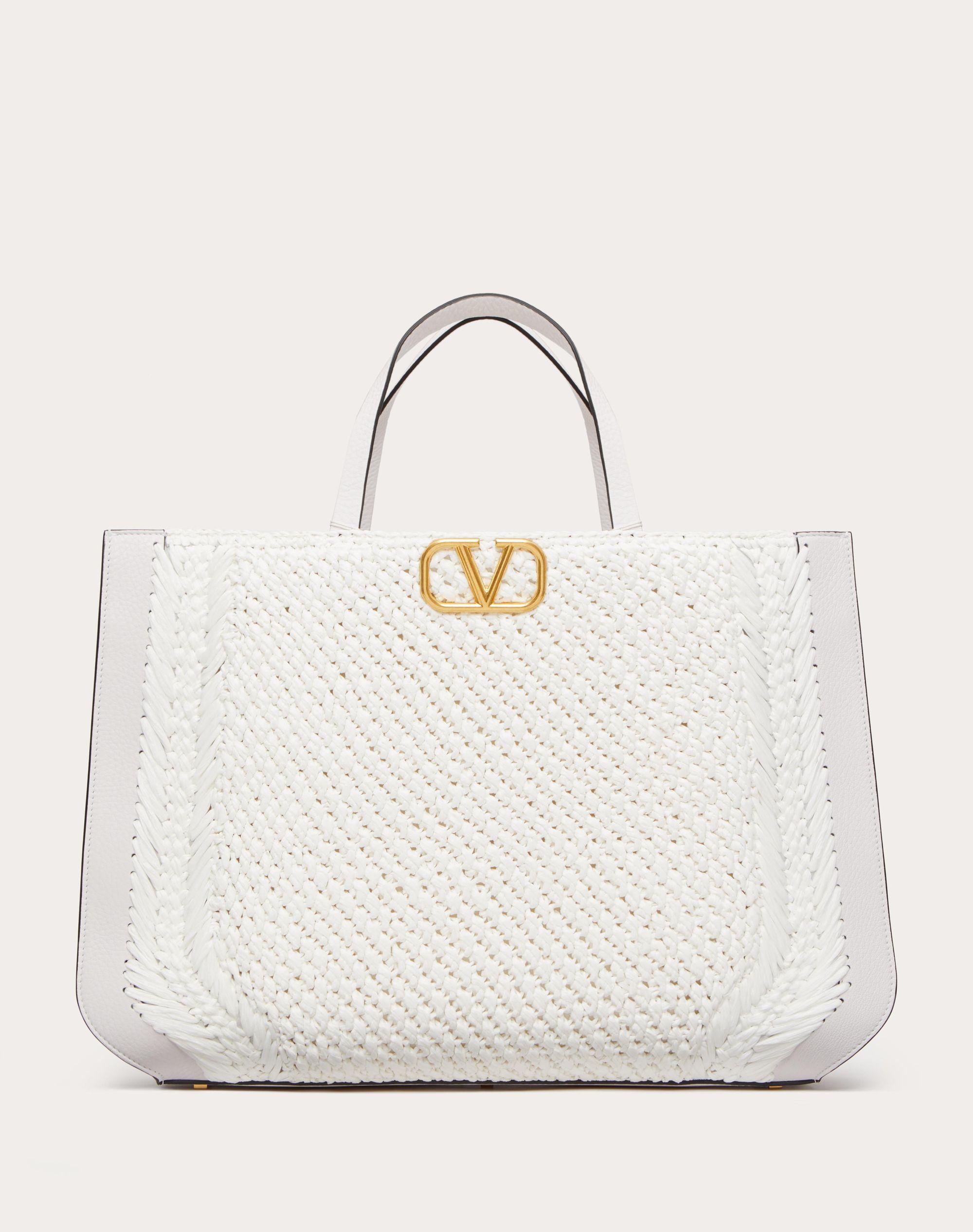 Valentino Garavani VLogo Signature Handbag with Raffia Embroidery Woman Natural/Saddle Brown Onesize