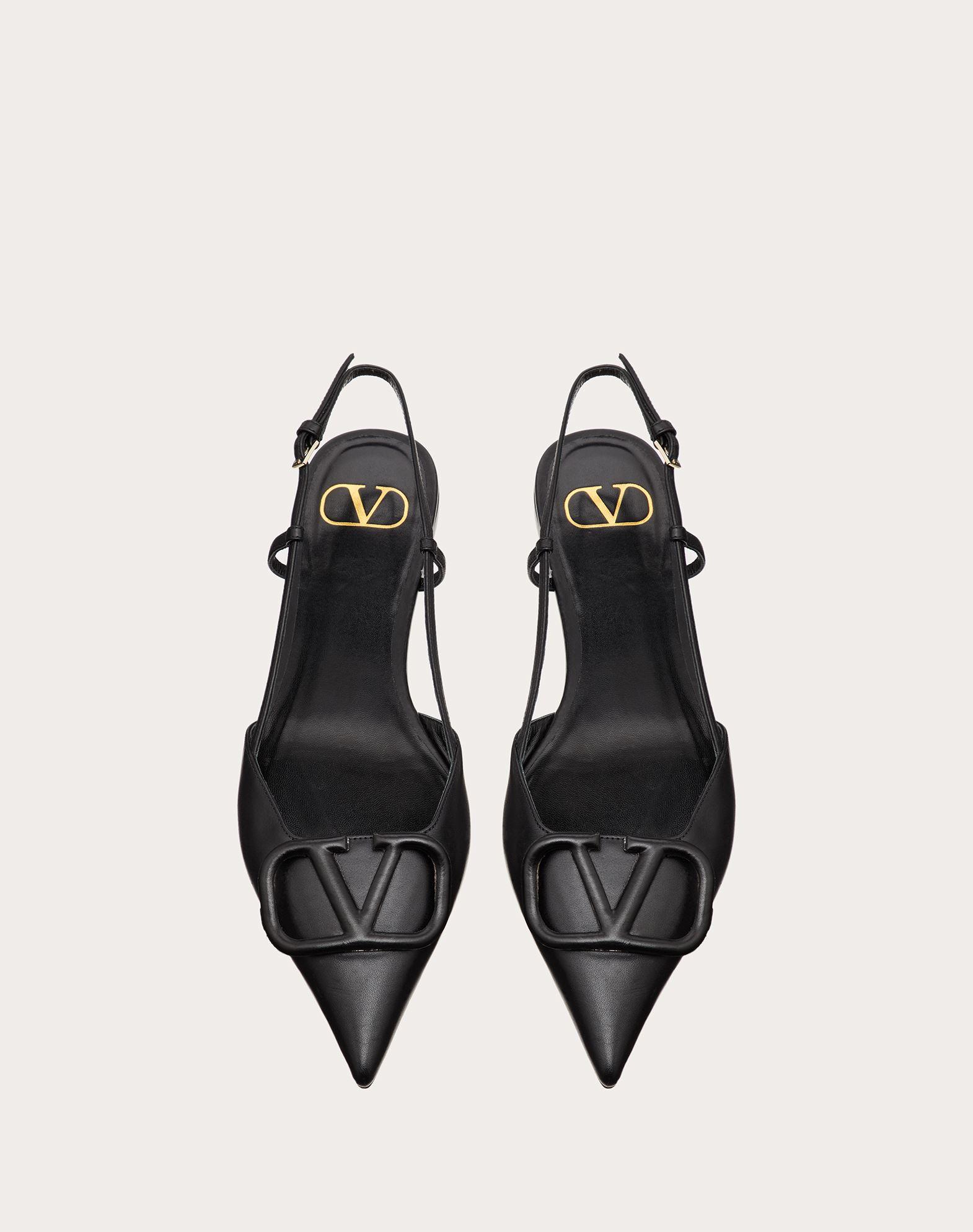 V Logo Leather Slingback Flats in Black - Valentino Garavani