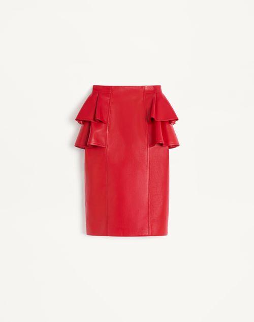 【VALENTINO】クレープパネル ラッフル付き レザー スカート クレープ クチュール ミディ丈スカート レディース | VALENTINO