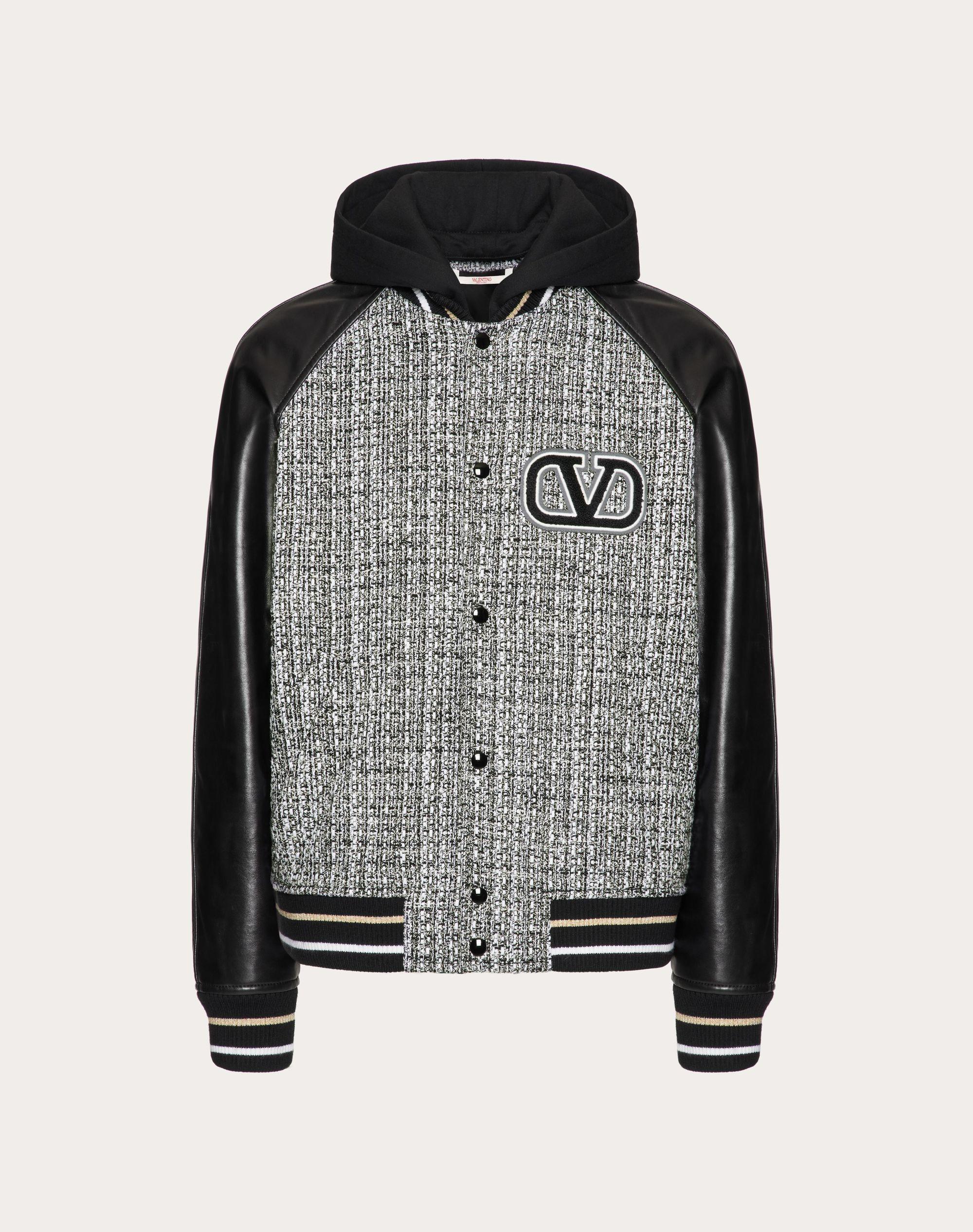 Valentino Cottonwool Tweed Hooded Bomber Jacket With Vlogo Signature