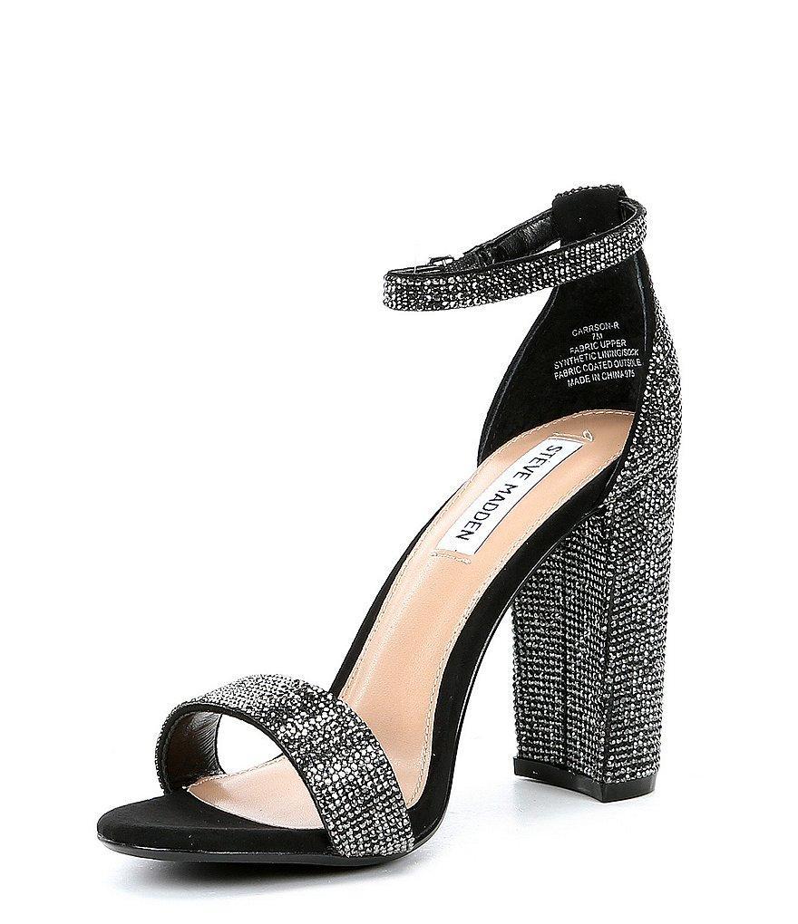 Steve Madden Carrson Rhinestone Ankle Strap Block Heel Dress Sandals in Black Crystal (Black 