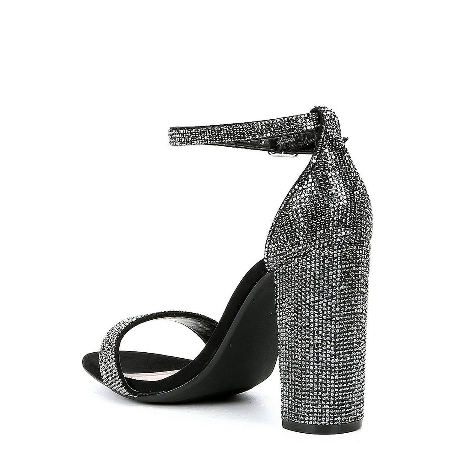 Steve Madden Carrson Rhinestone Ankle Strap Block Heel Dress Sandals in Black Crystal (Black 