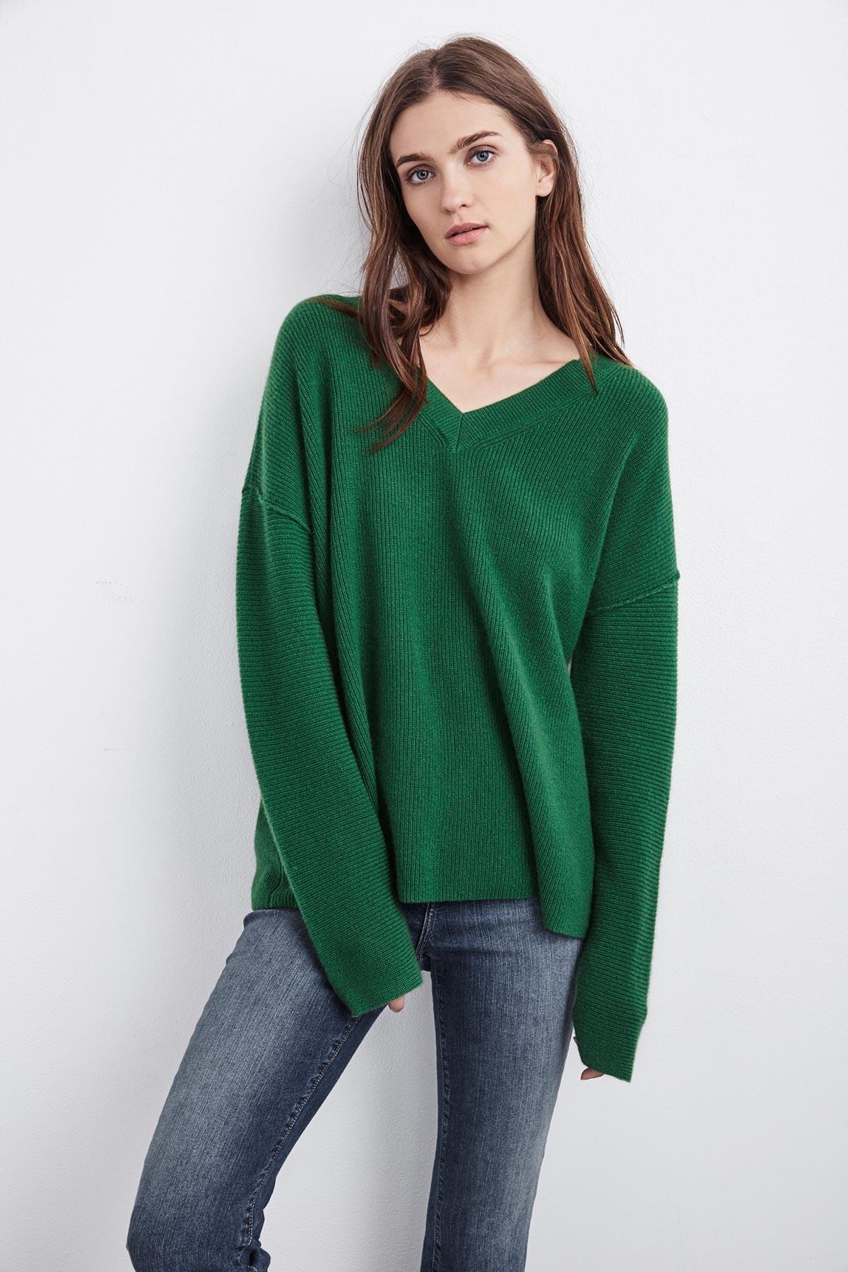 Velvet By Graham & Spencer Larisa V-neck Cashmere Sweater in Green - Lyst
