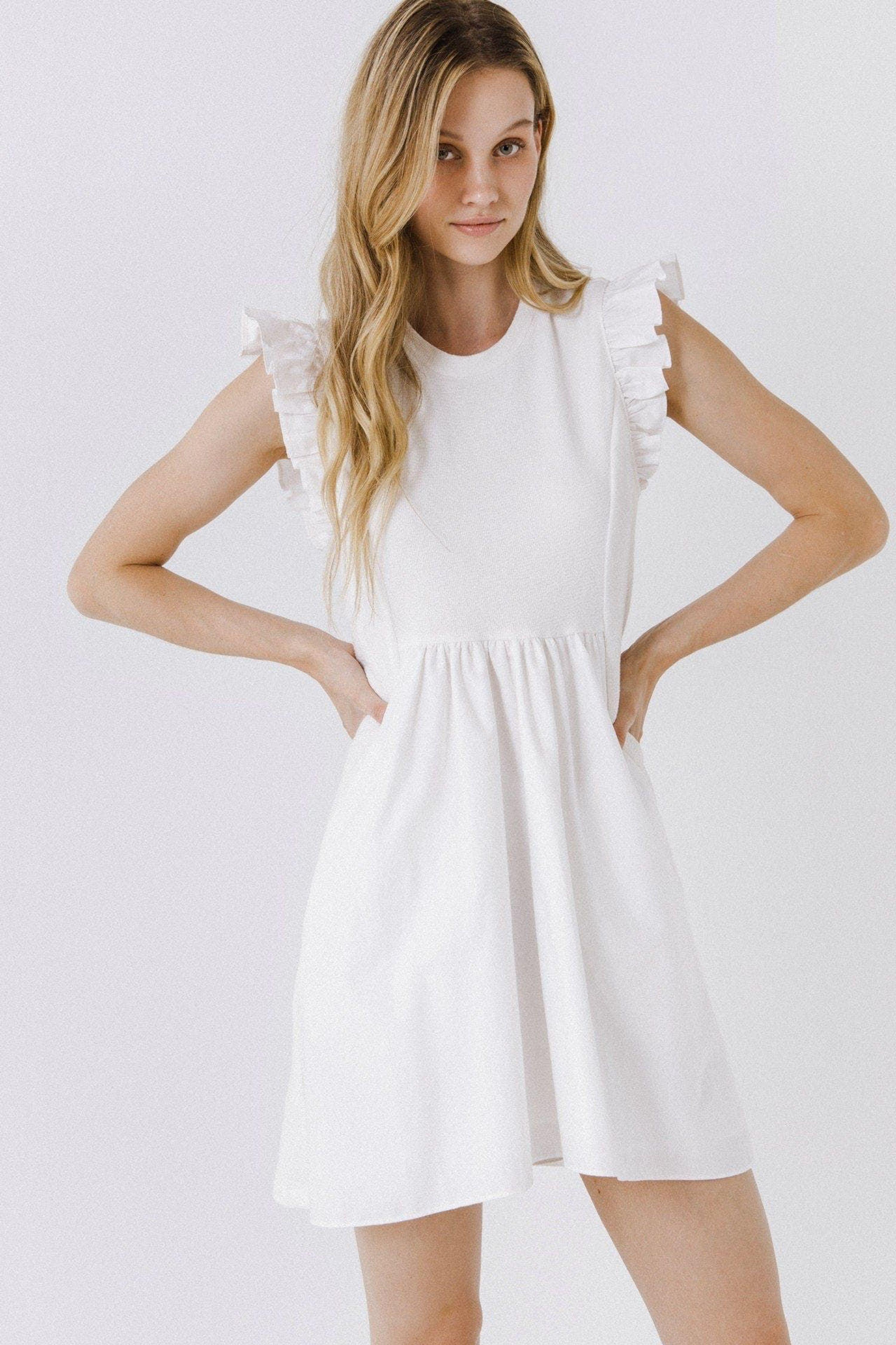 English Factory Mixed Media Ruffle Sleeve Mini Dress in White Lyst