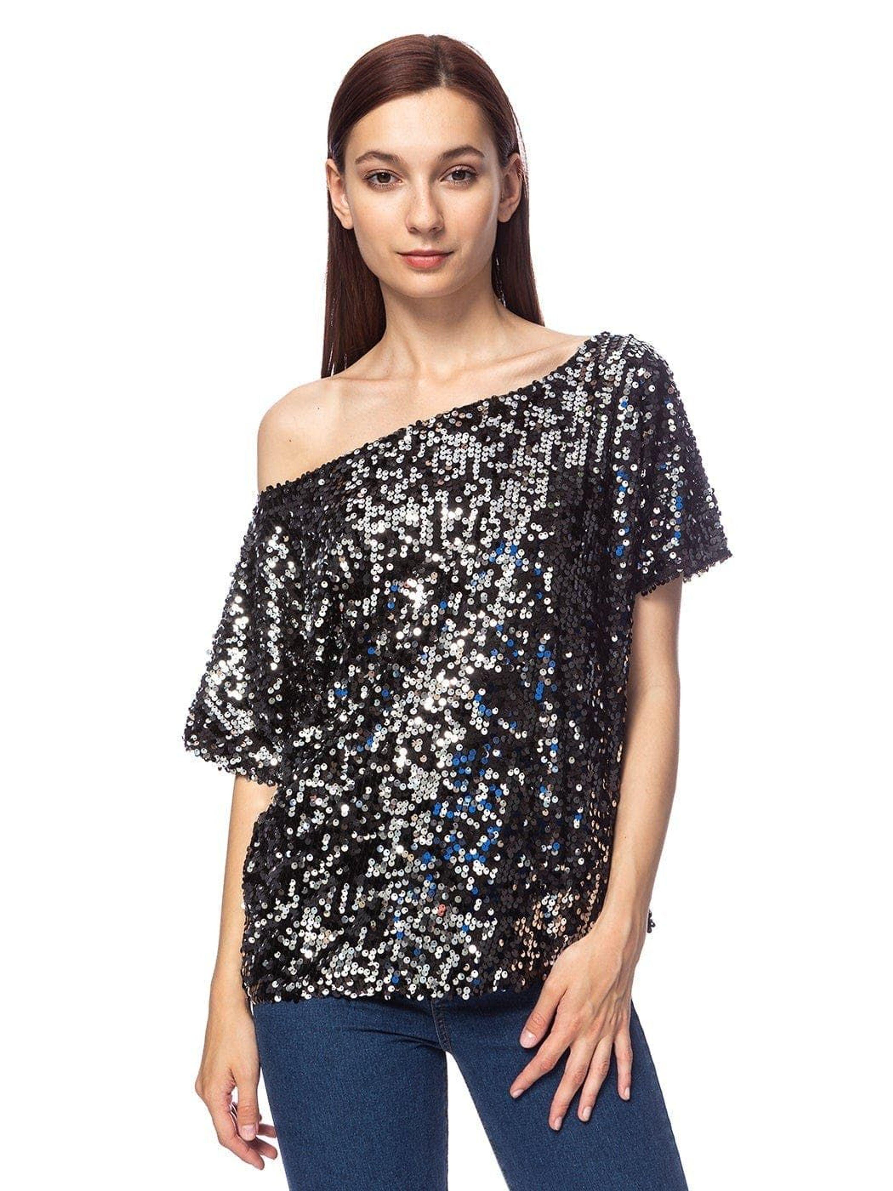 annakaci Glam Offshoulder Sequin Top in Black Lyst