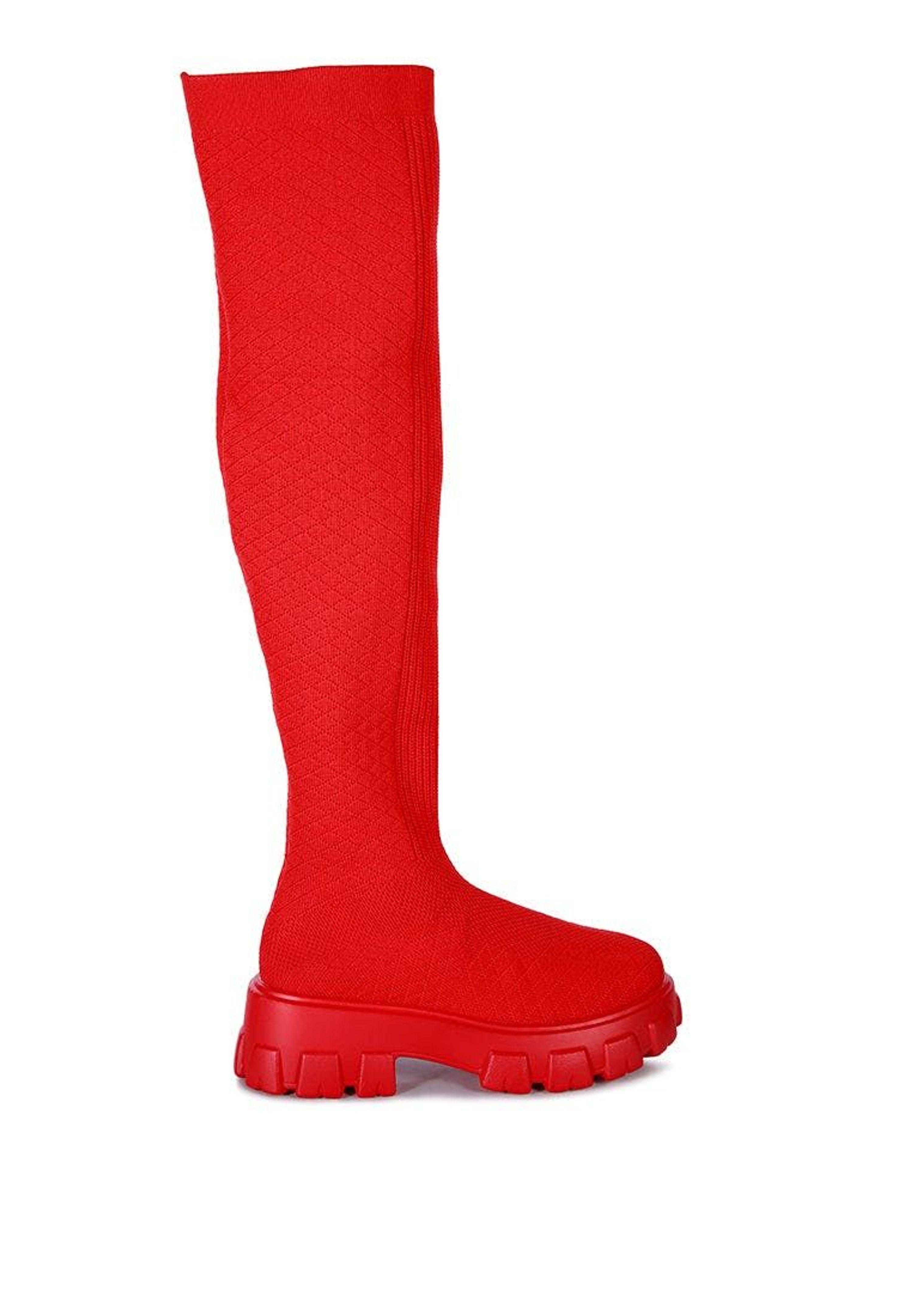 LONDON RAG Loro Stretch Knit Knee High Boots in Red | Lyst