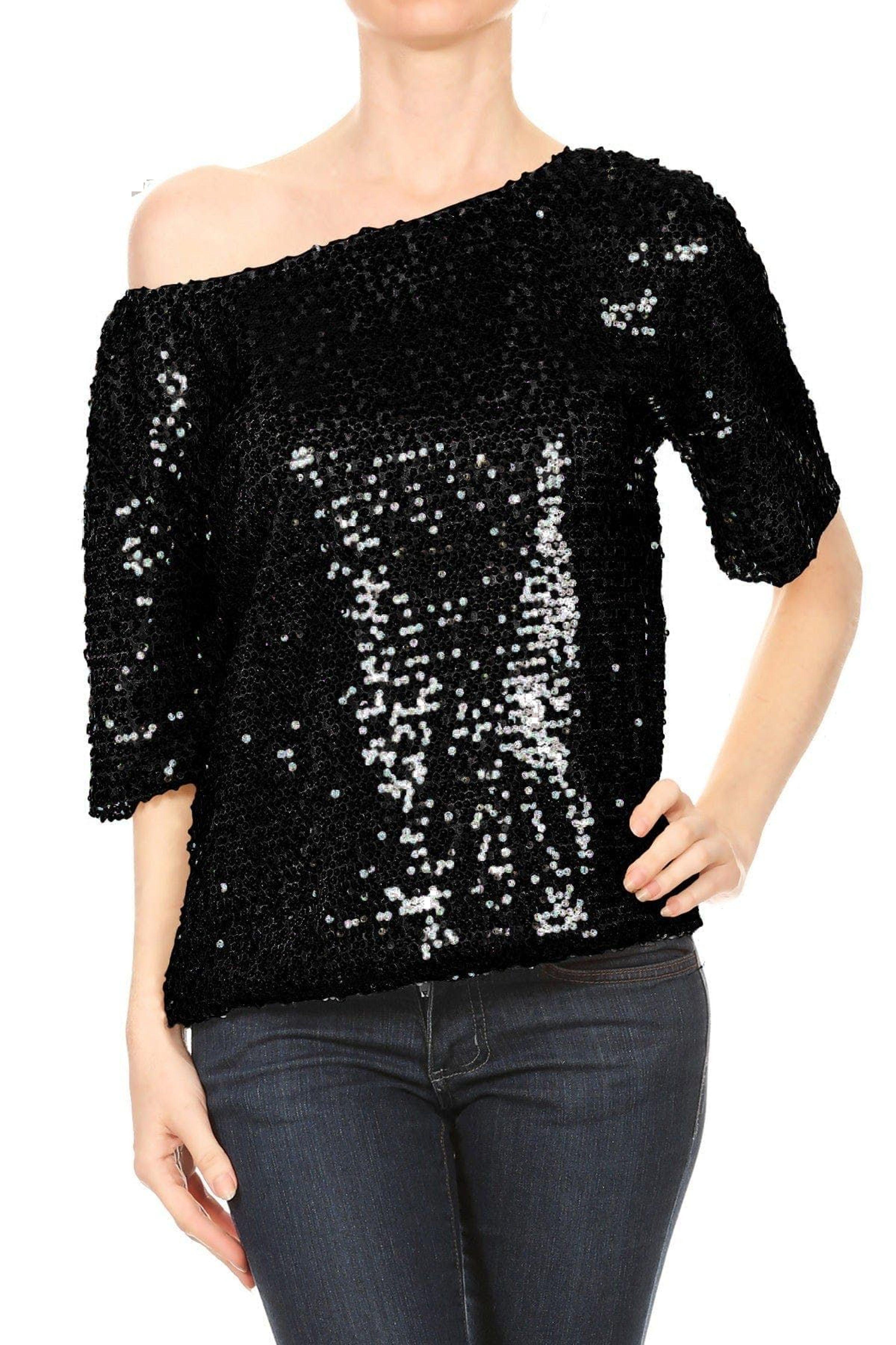 anna-kaci Glam Off-shoulder Sequin Top in Black | Lyst