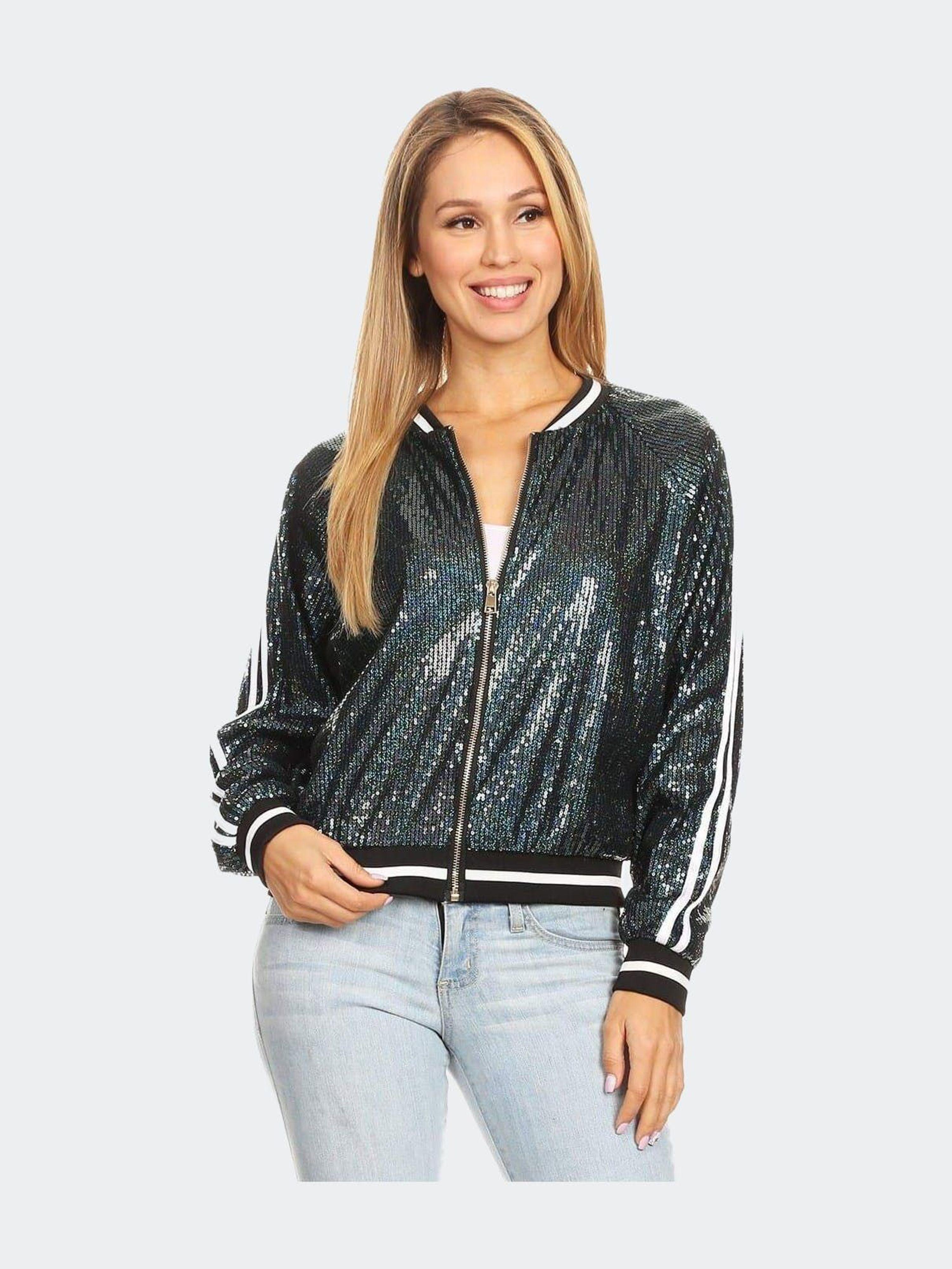 annakaci Striped Metallic Sequin Varsity Jacket in Gray Lyst