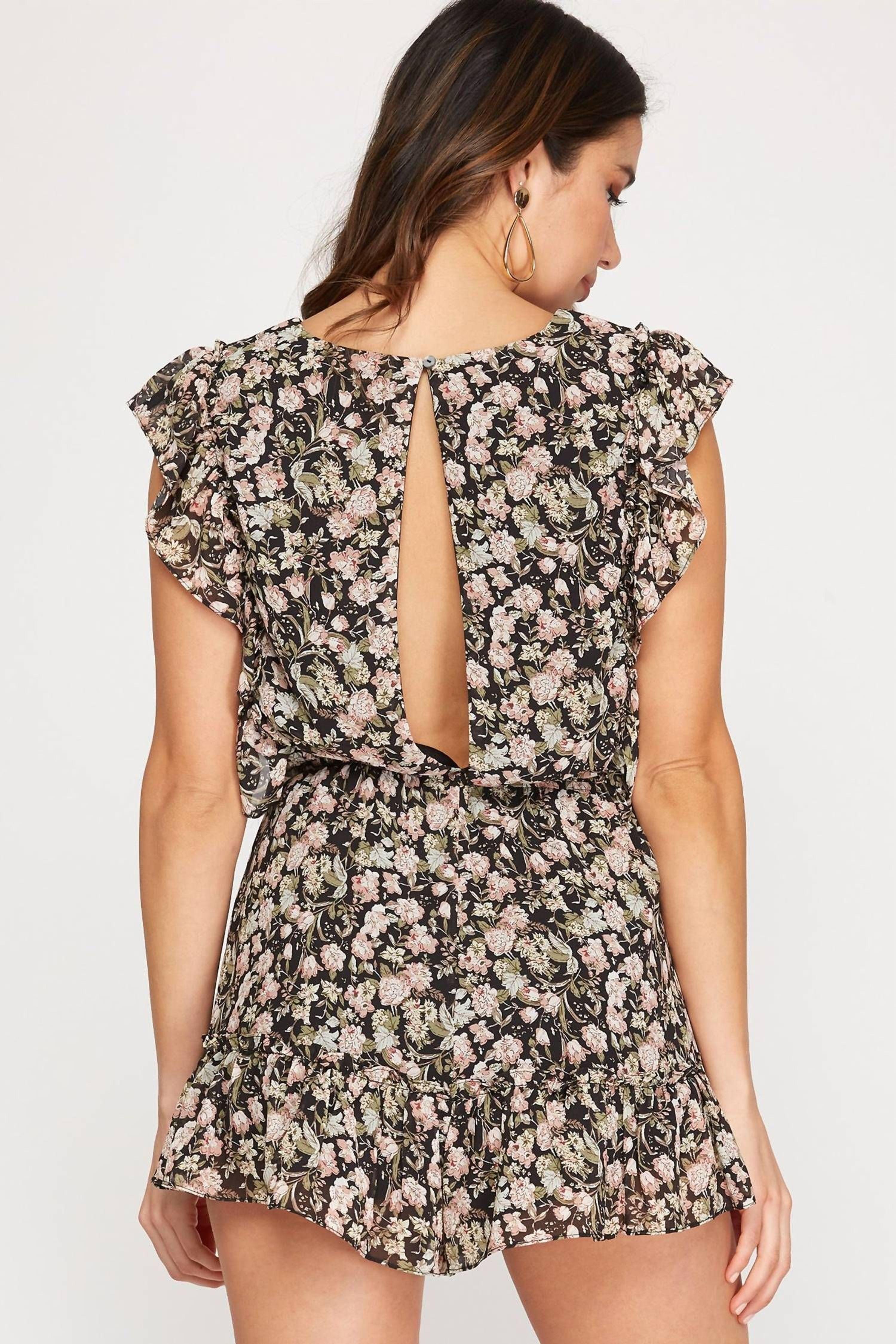 She + Sky She + Sky Ruffled Print Romper in Black