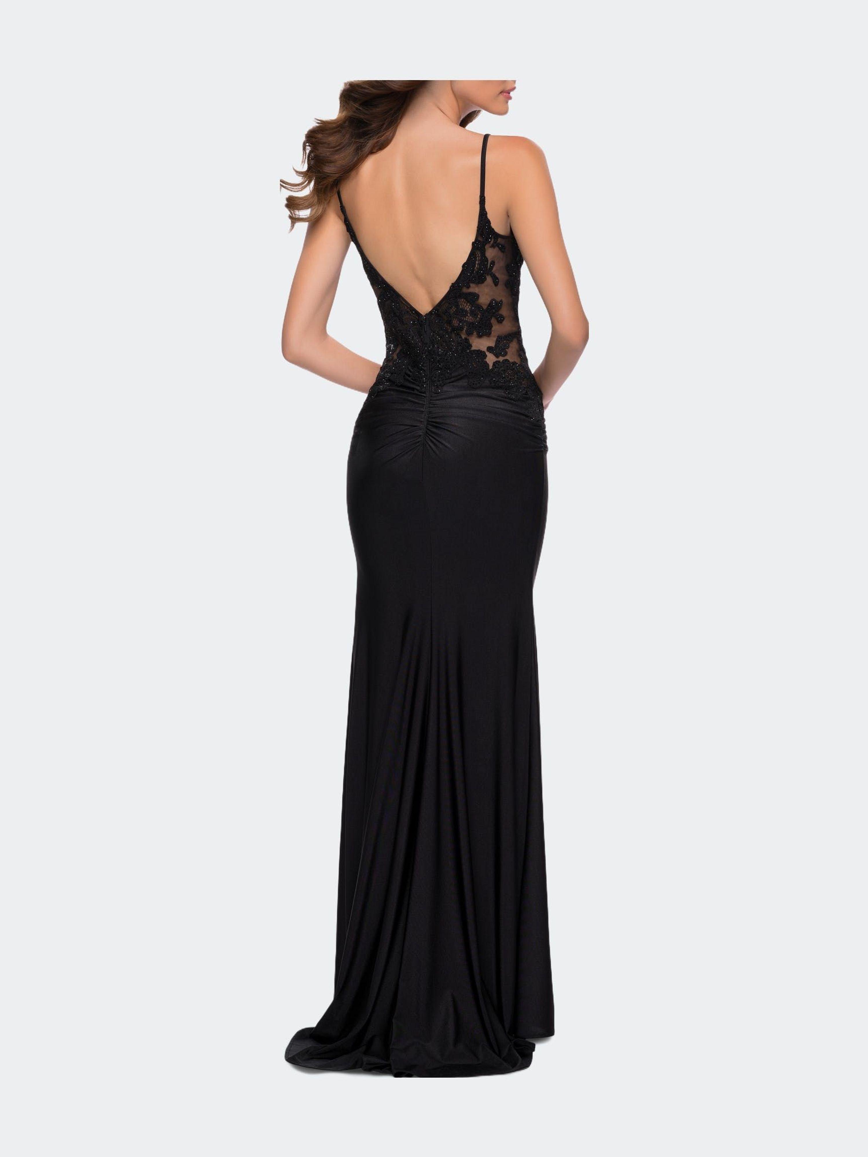 La Femme Jersey Gown With Sheer Lace Bodice And Ruching in Black | Lyst