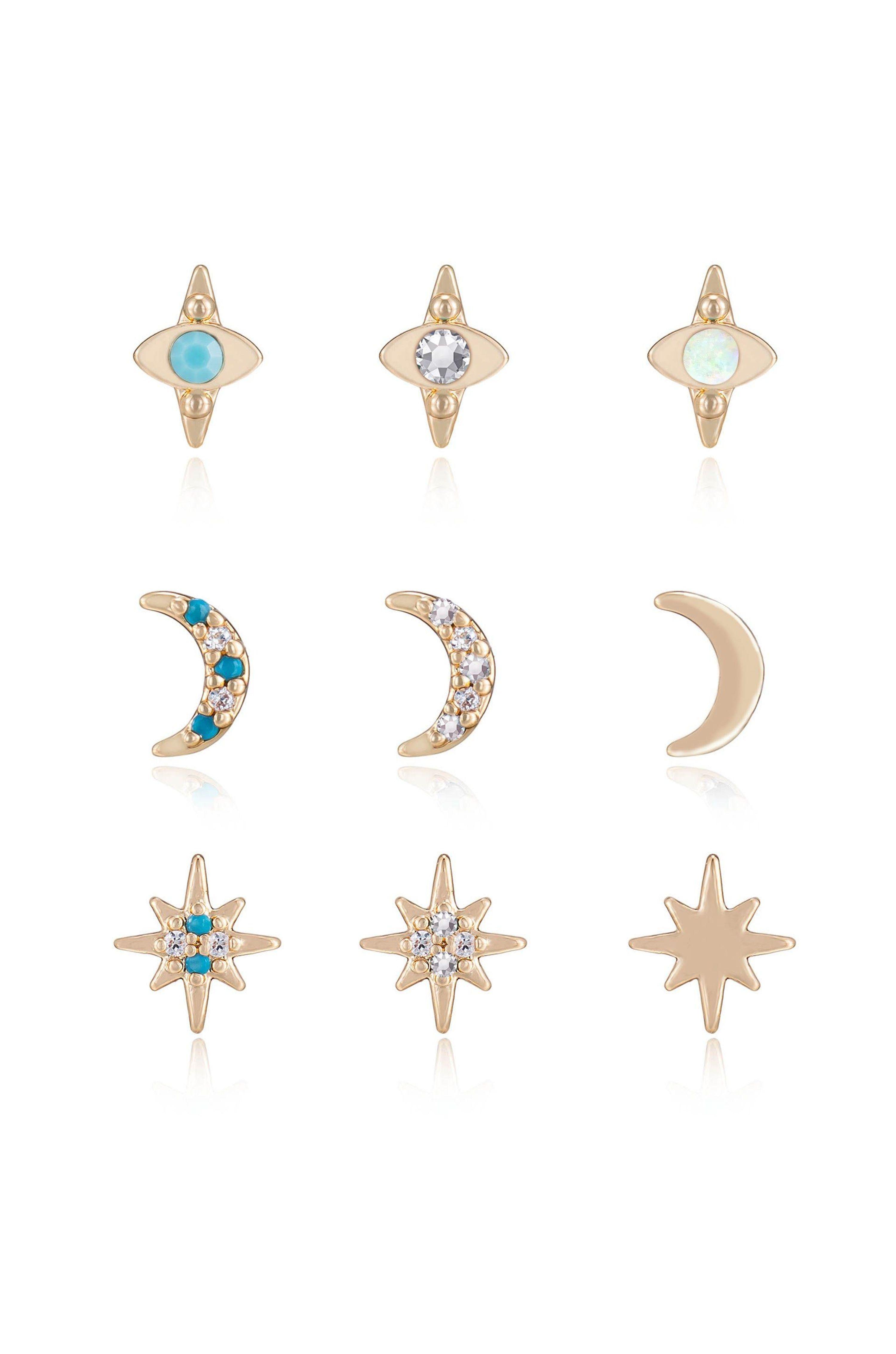 Ettika Celestial Mixed 18k Gold Plated Earring Stud Set in White