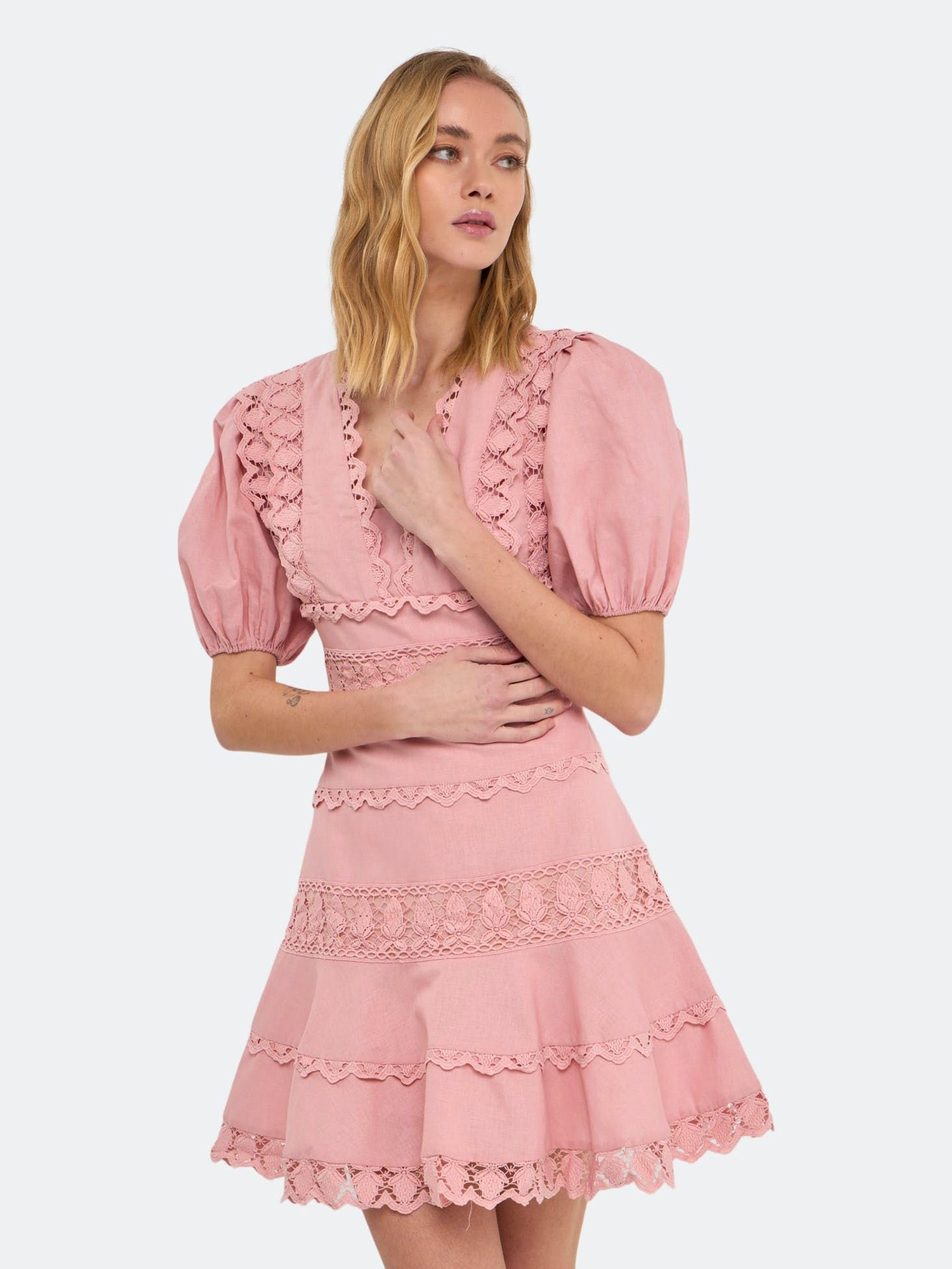 Endless Rose Plunging Lace Trim Dress With Puff Sleeve in Pink Lyst