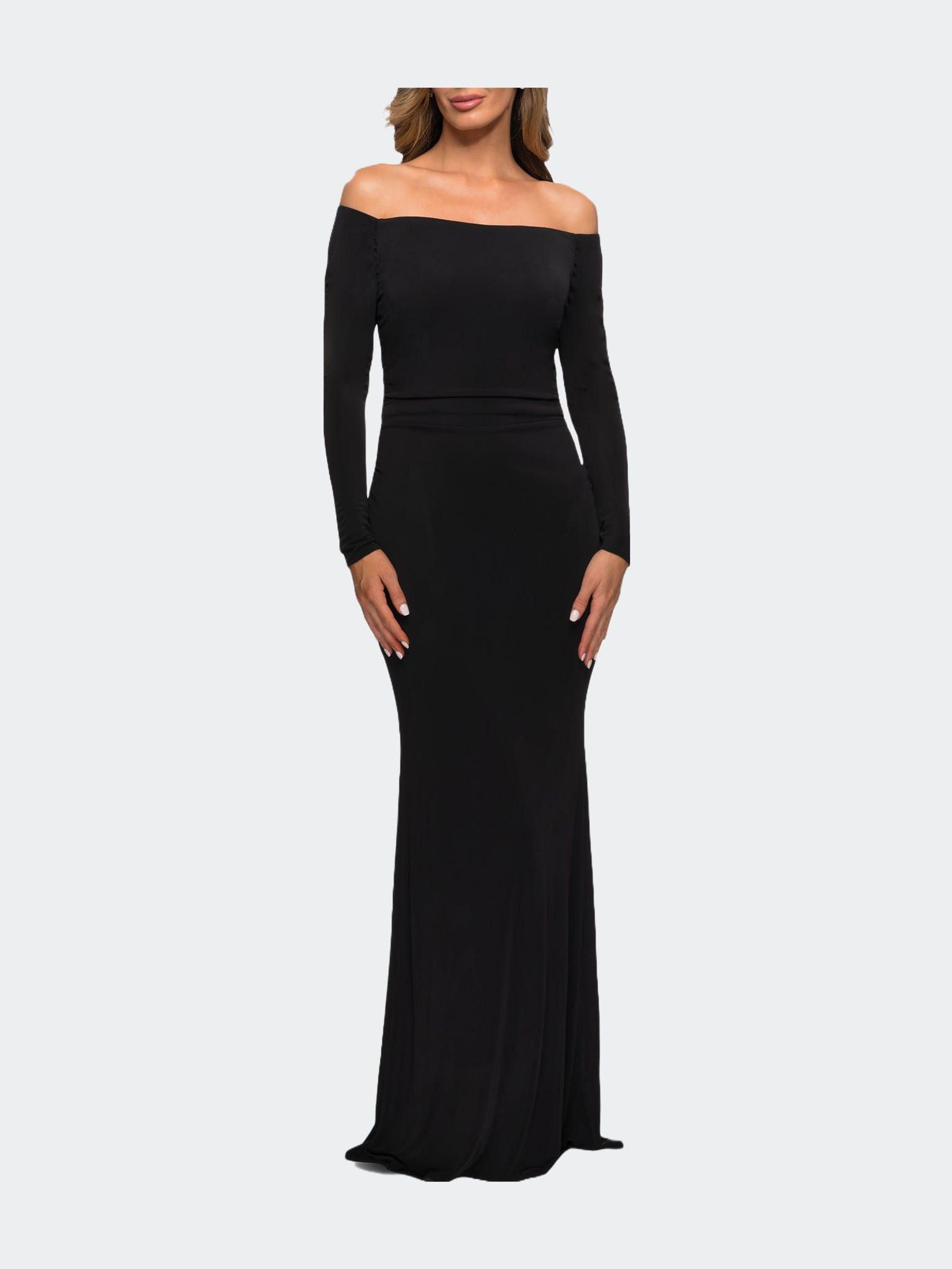 La Femme Long Sleeve Off The Shoulder Jersey Evening Gown in Black | Lyst