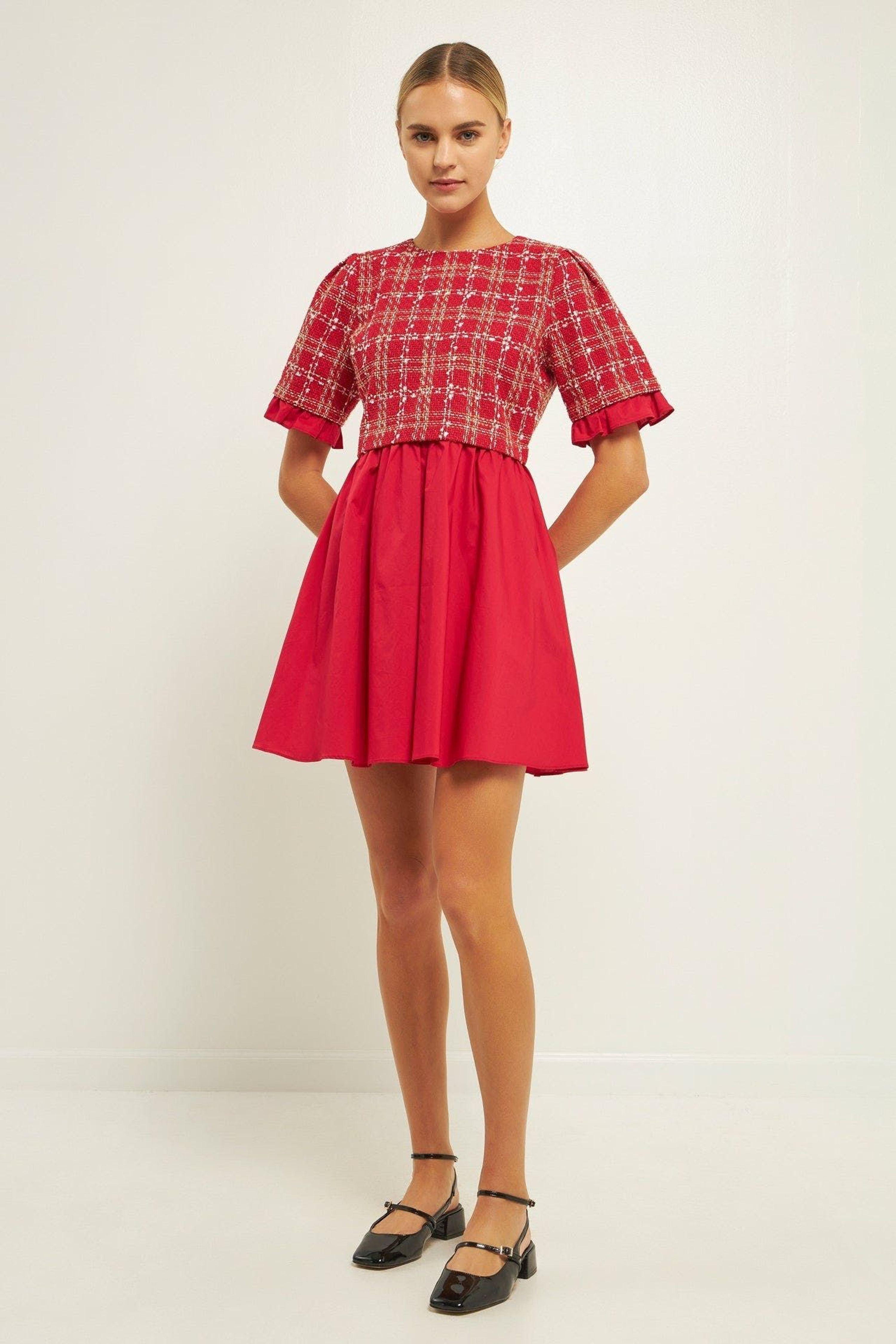 English Factory Mixed Media Tweed Mini Dress in Red Lyst