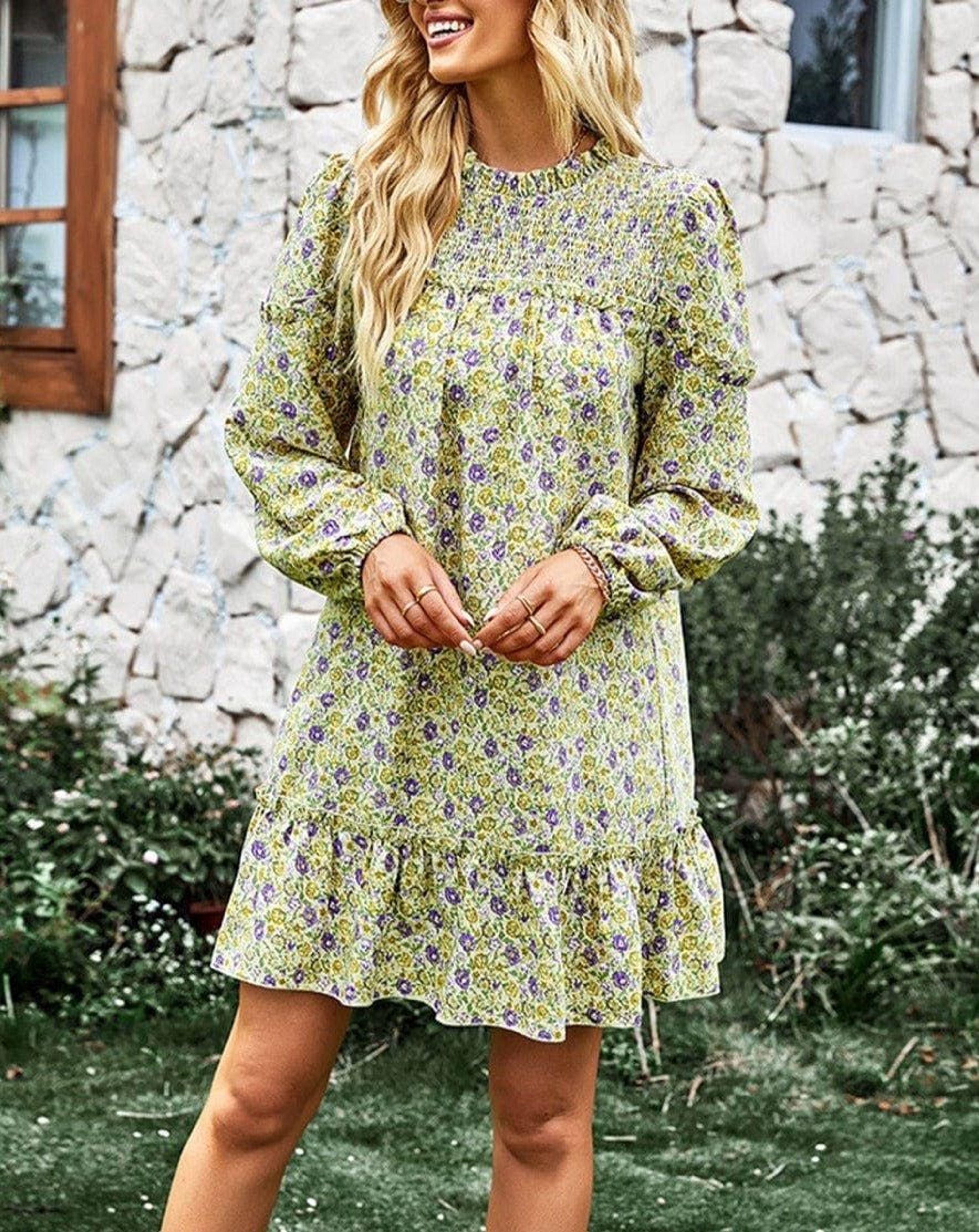 anna-kaci Ruffle Shirred Neck Floral Dress in Green | Lyst