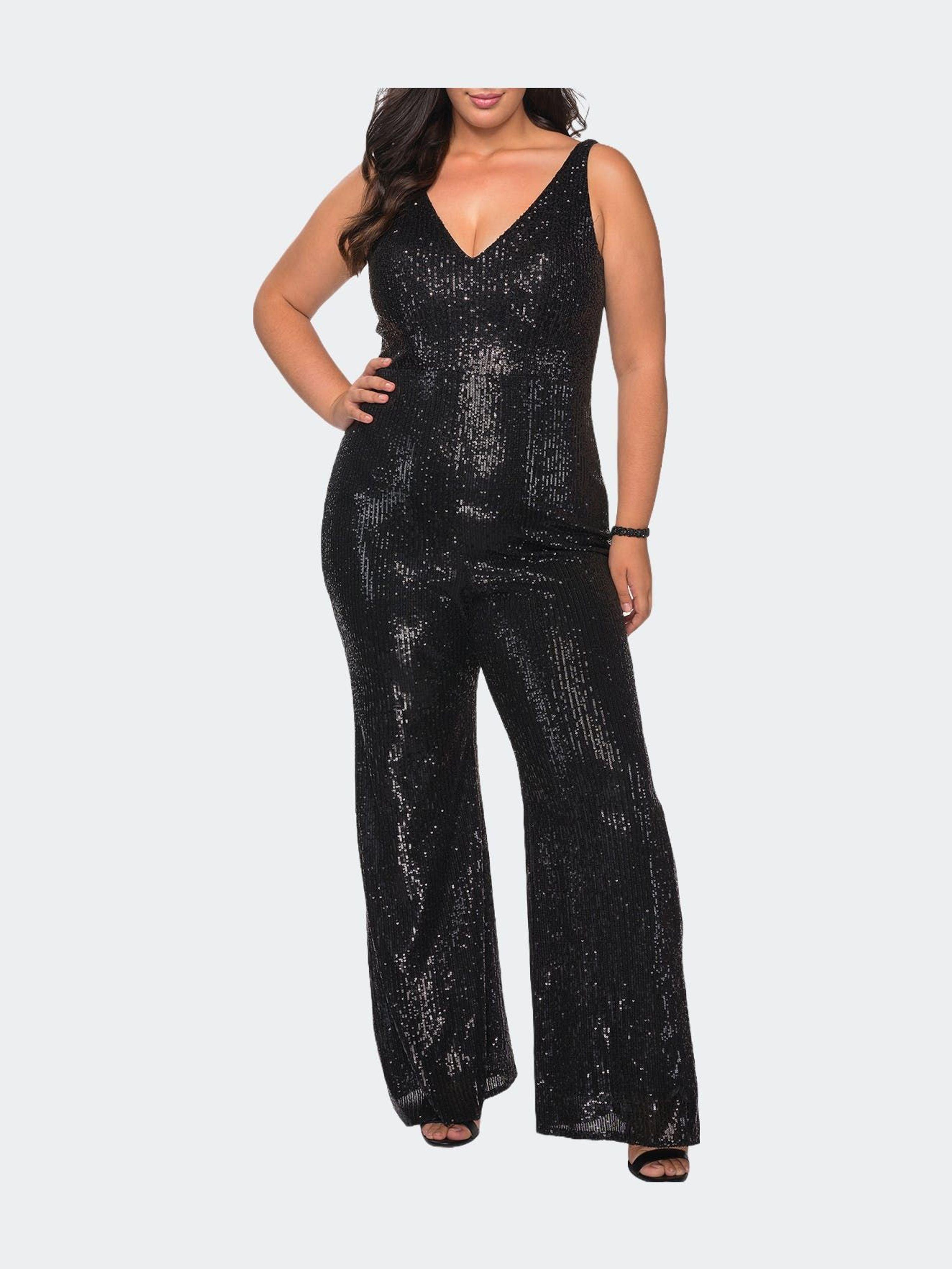 La Femme Sequin Plus Size Jumpsuit With Plunging Neckline in Black | Lyst