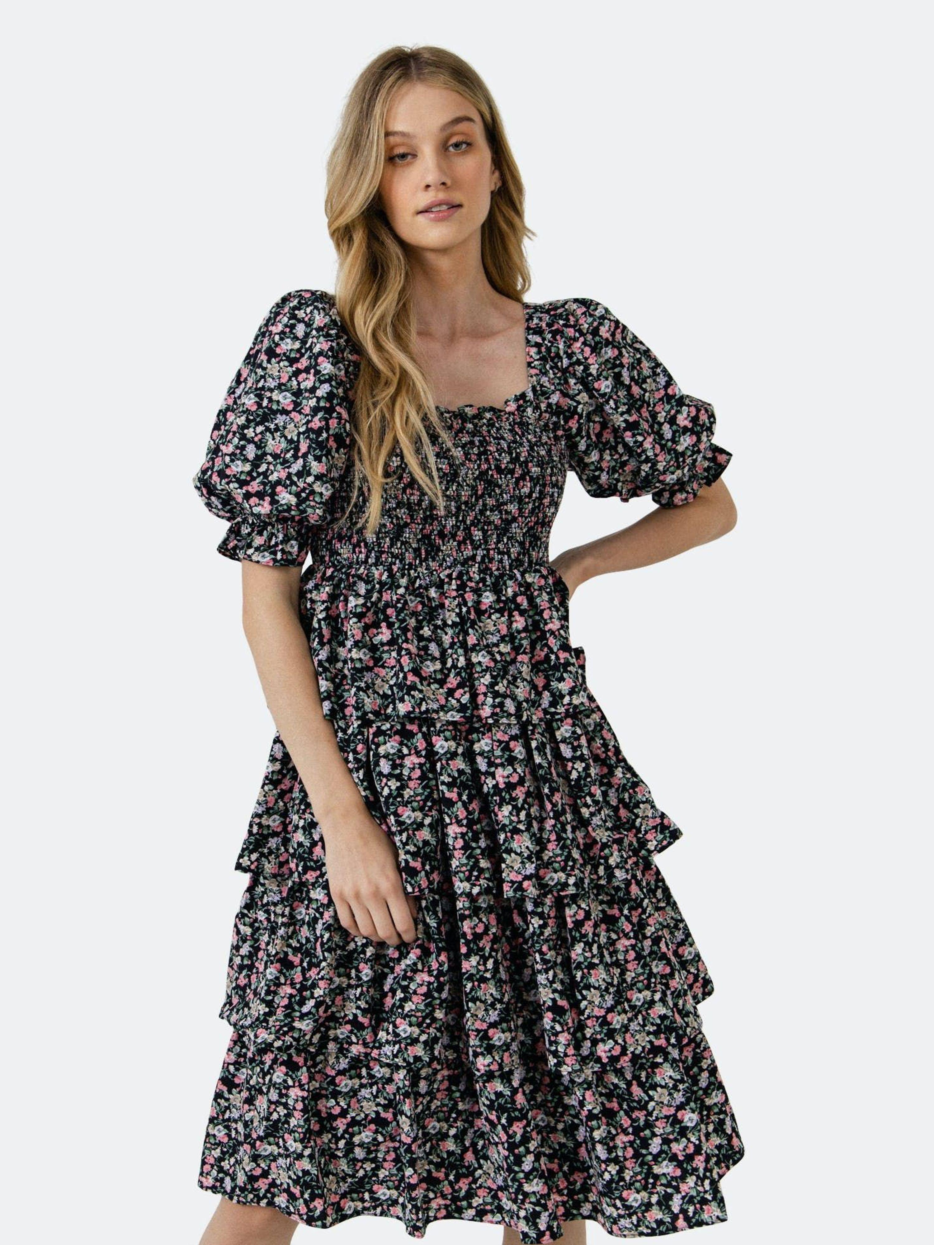 English Factory Floral Smocked Midi Tiered Dress in Black | Lyst