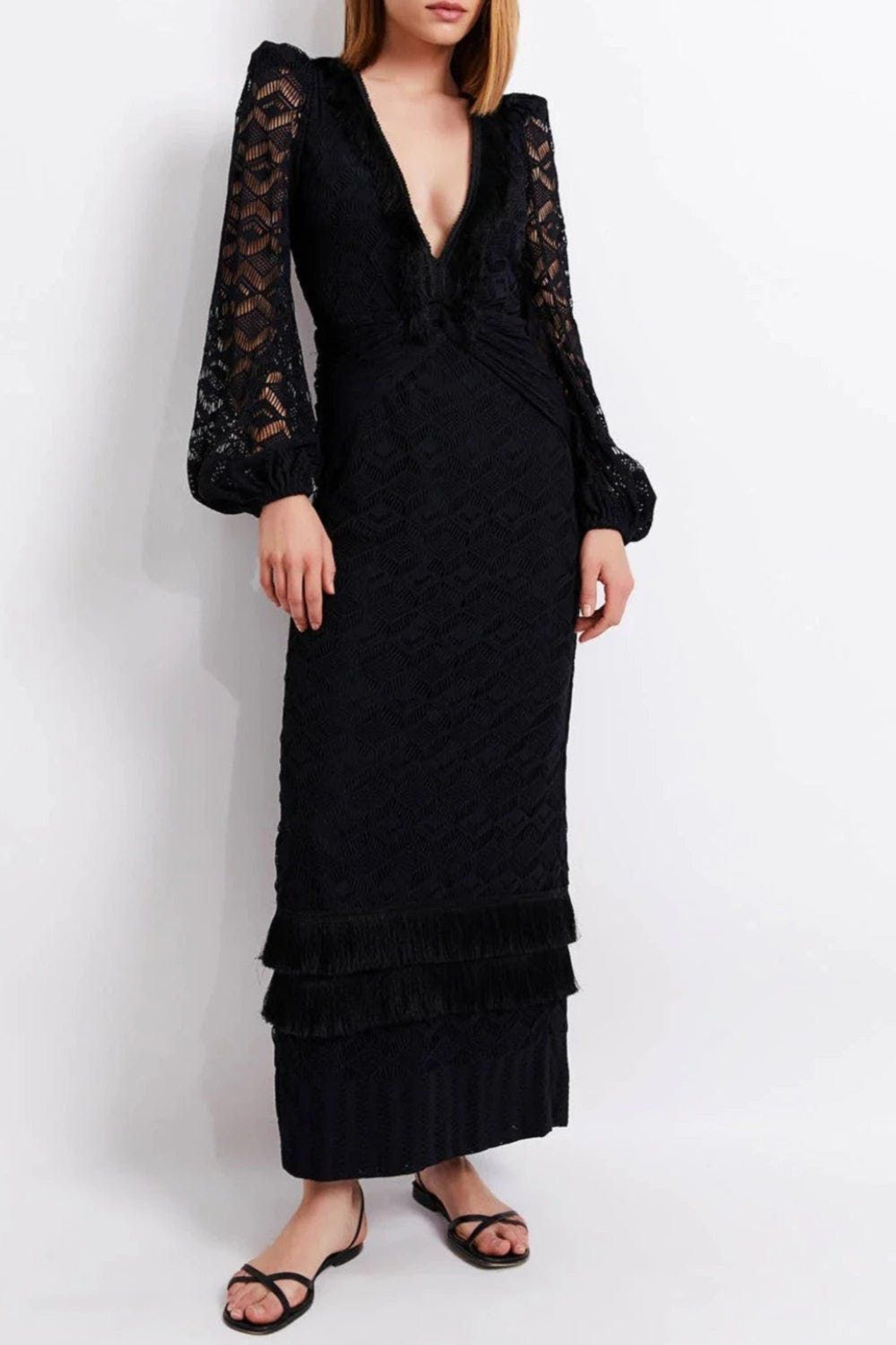 PATBO Crochet Plunge Fringe Trim Maxi Dress in Black Lyst