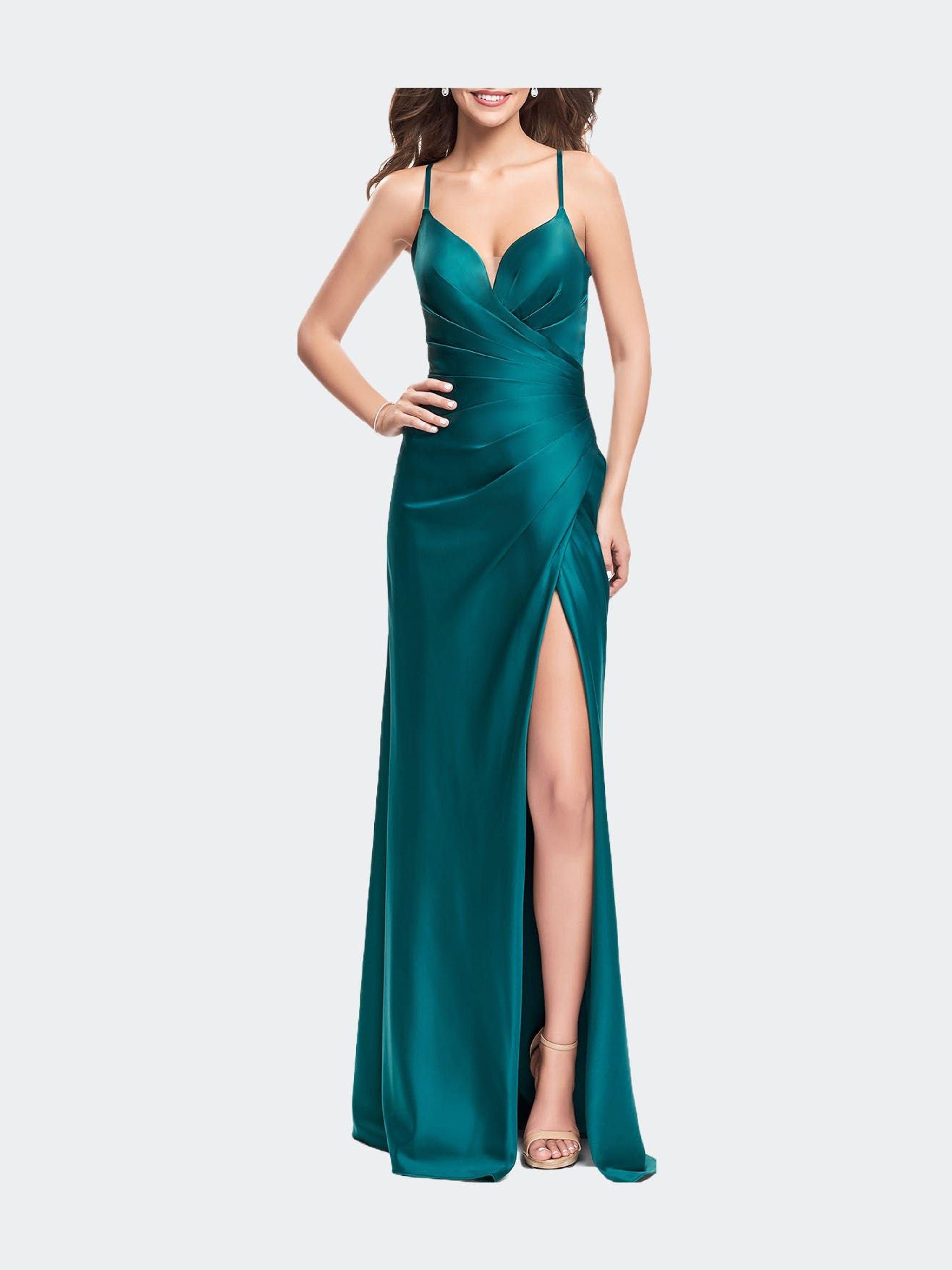 La Femme Satin Slip Prom Dress With Strappy Back in Blue Lyst