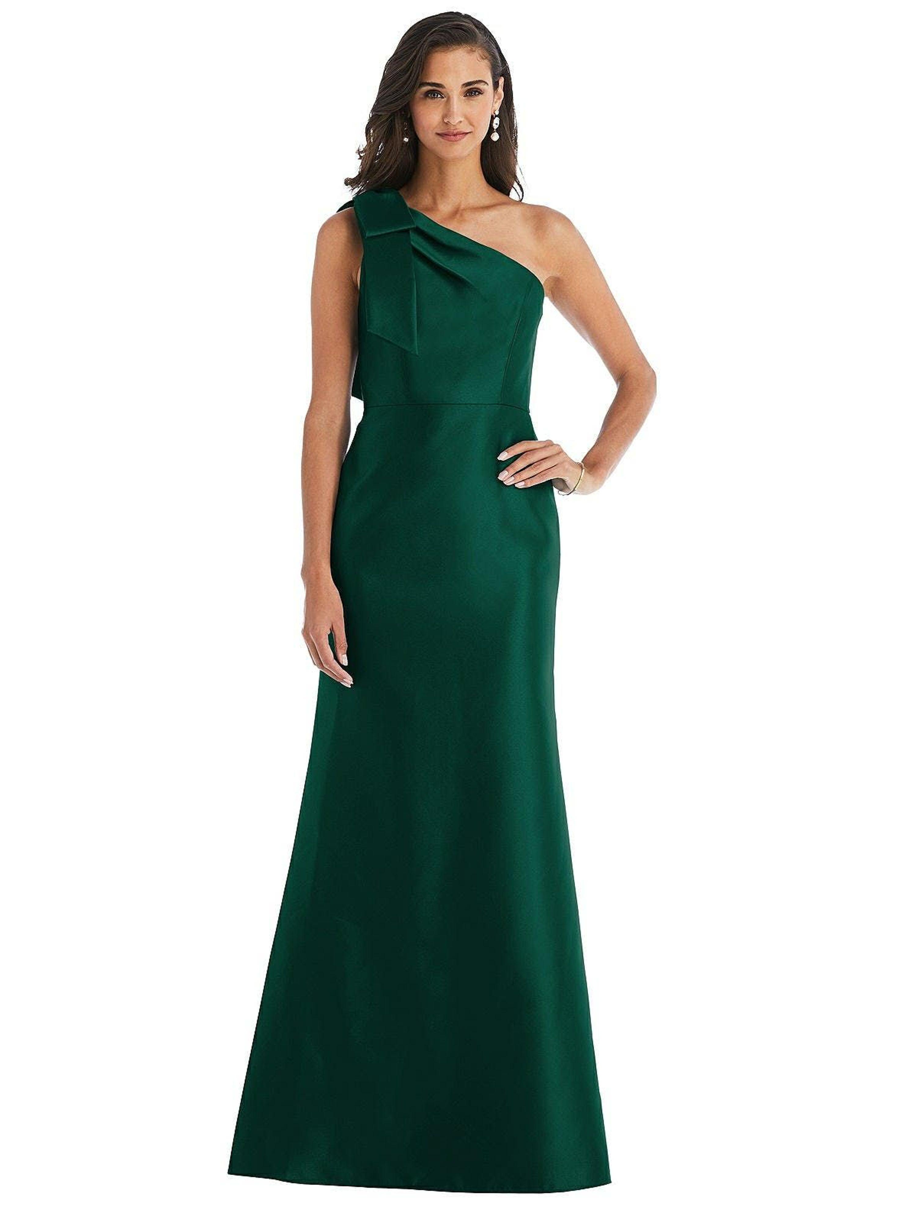 Alfred Sung Bow One-shoulder Satin Trumpet Gown in Green | Lyst