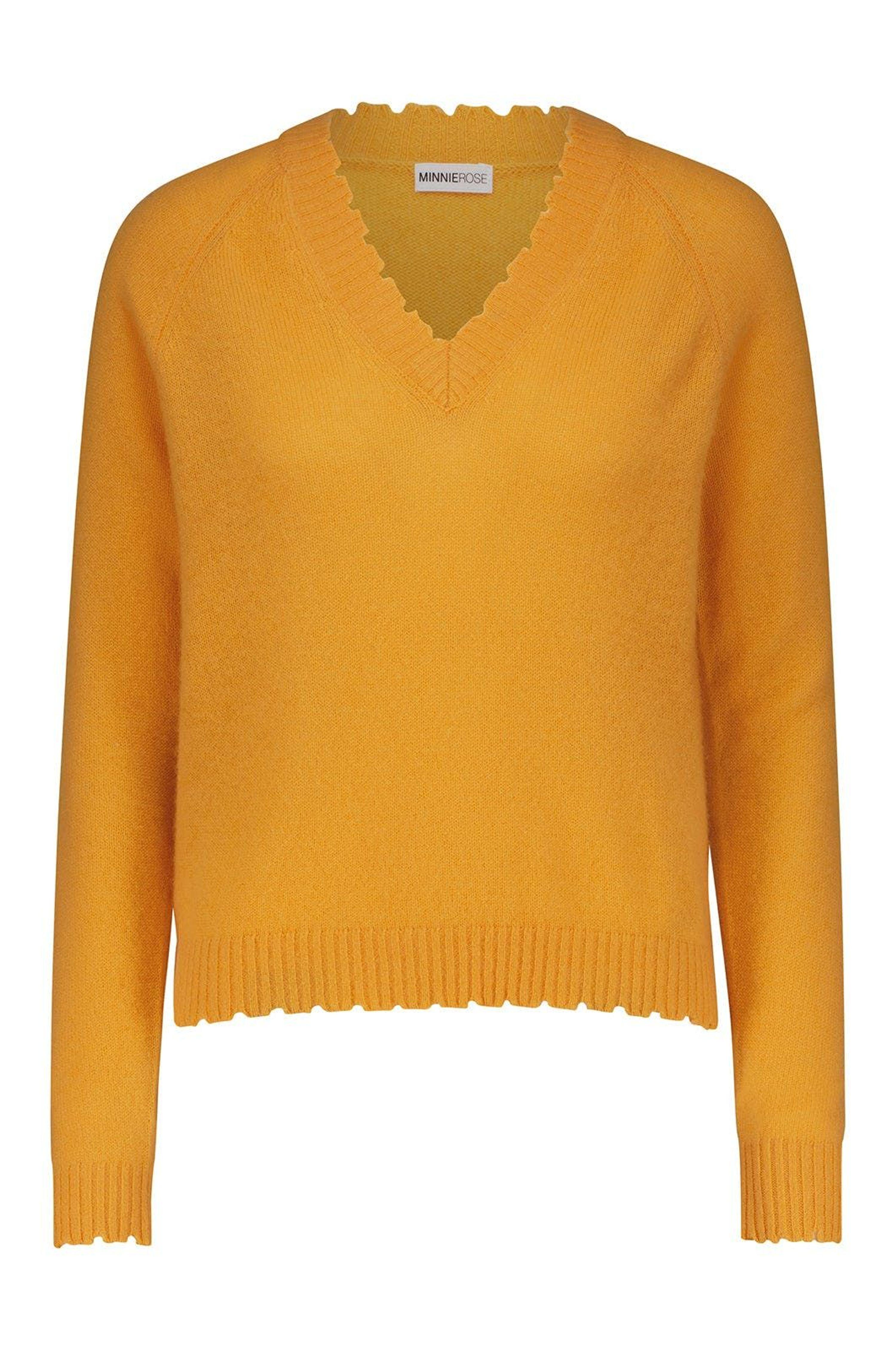 Minnie Rose Cashmere Frayed Edge Cropped V-neck in Yellow | Lyst