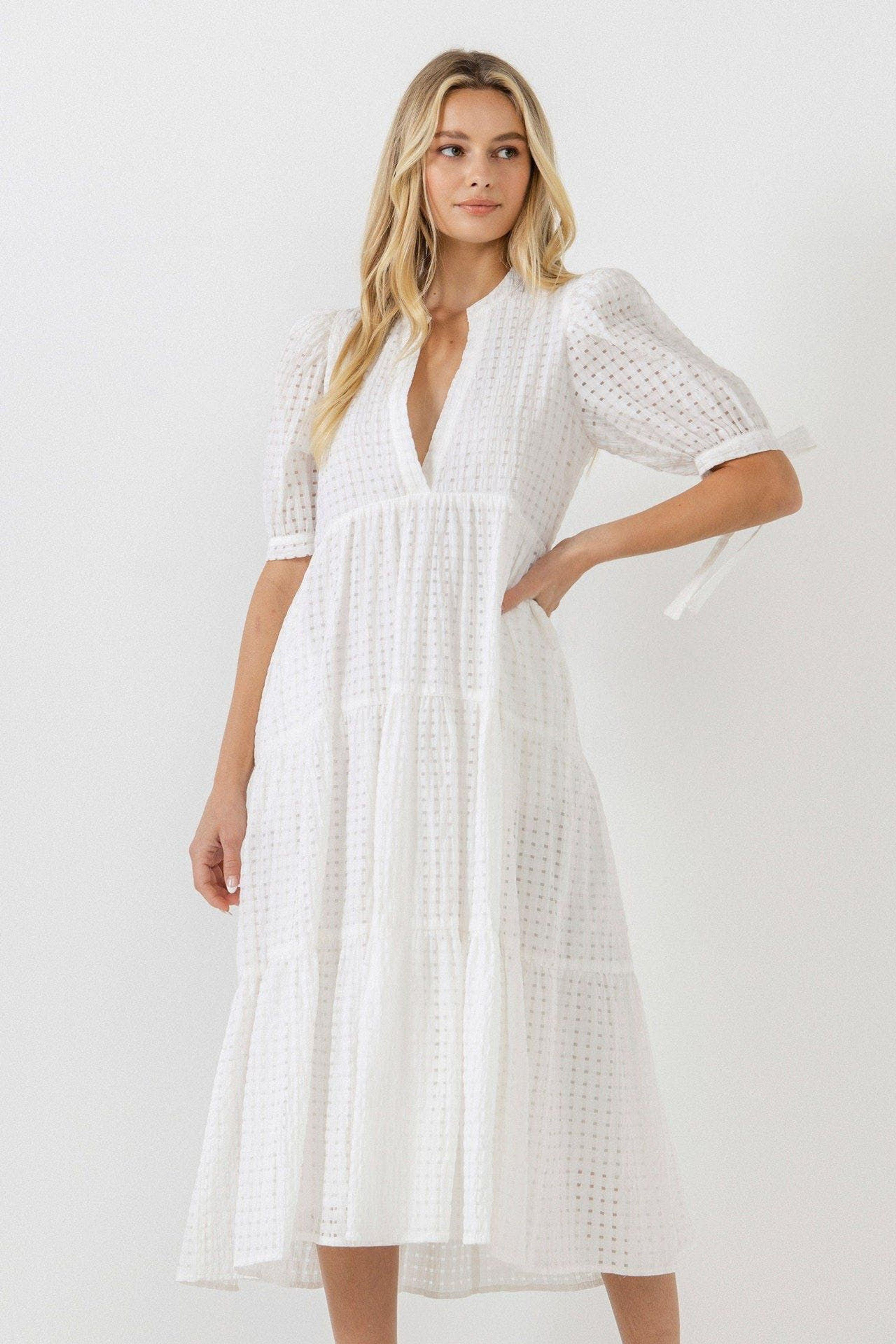 English Factory Gingham Tiered Midi Dress With Bow Tie Sleeves in White ...